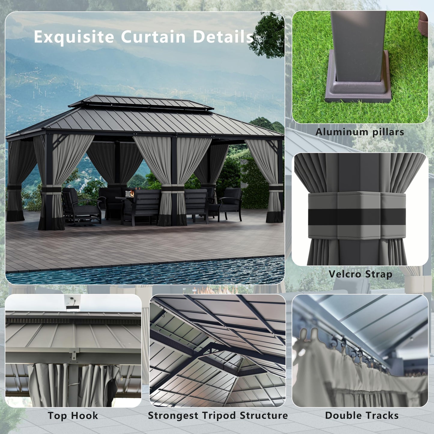 12x20ft Hardtop Gazebo Double Roof, Outdoor Pavilion with 2-Layer Hard top Galvanized Iron Frame Garden Tent, Suitable for courtyards, backyards, Decks, and Grass