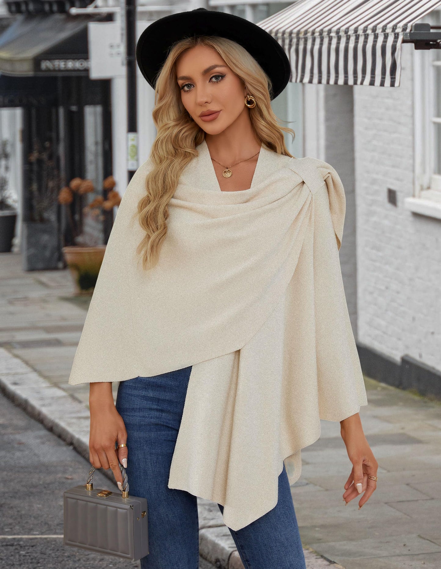 PULI Femmes Grand Poncho Croisé Sur Le Devant Pull Enveloppant Topper Tricoté Élégant Châles Cape pour l'Automne Hiver