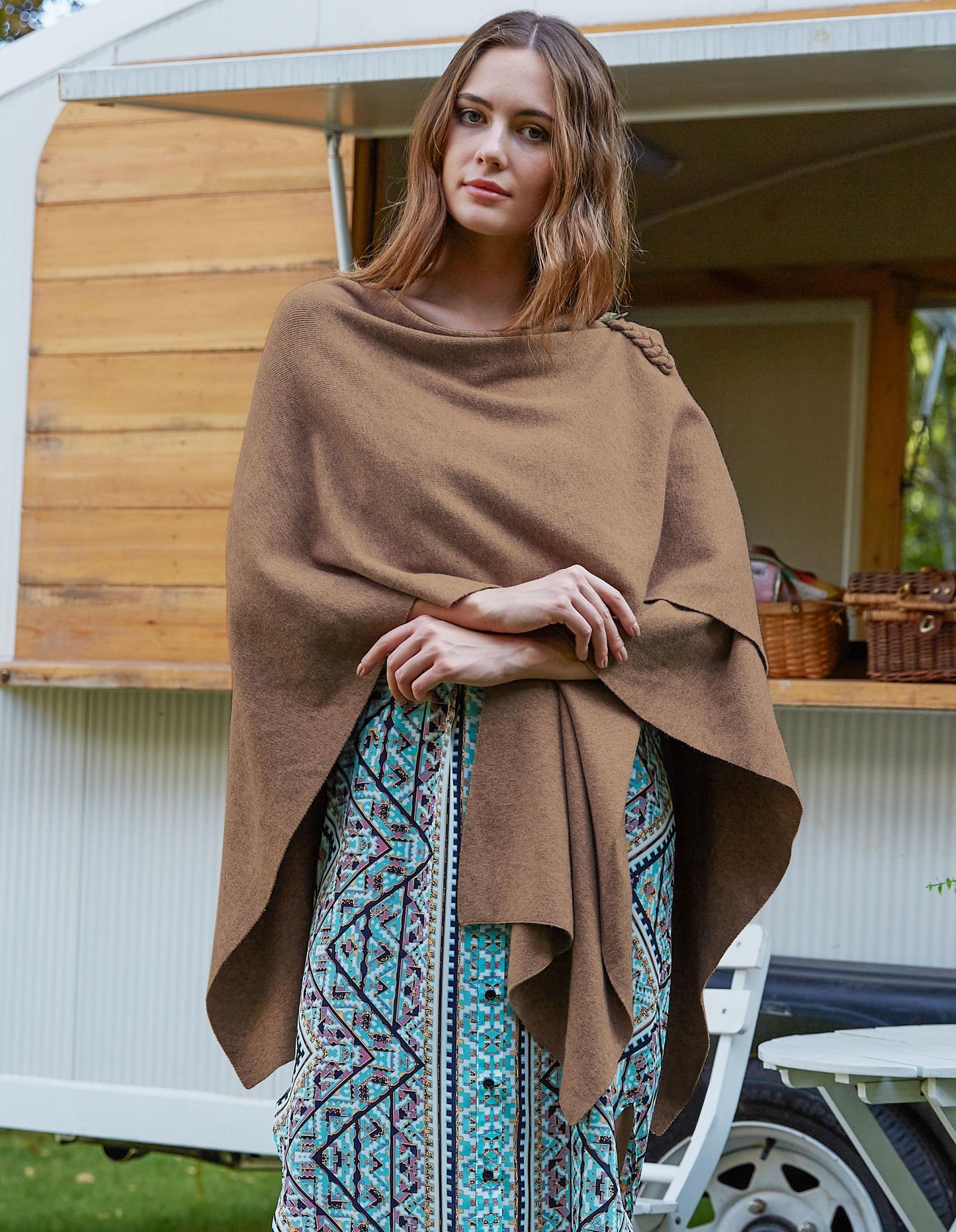 PULI Femmes Grand Poncho Croisé Sur Le Devant Pull Enveloppant Topper Tricoté Élégant Châles Cape pour l'Automne Hiver