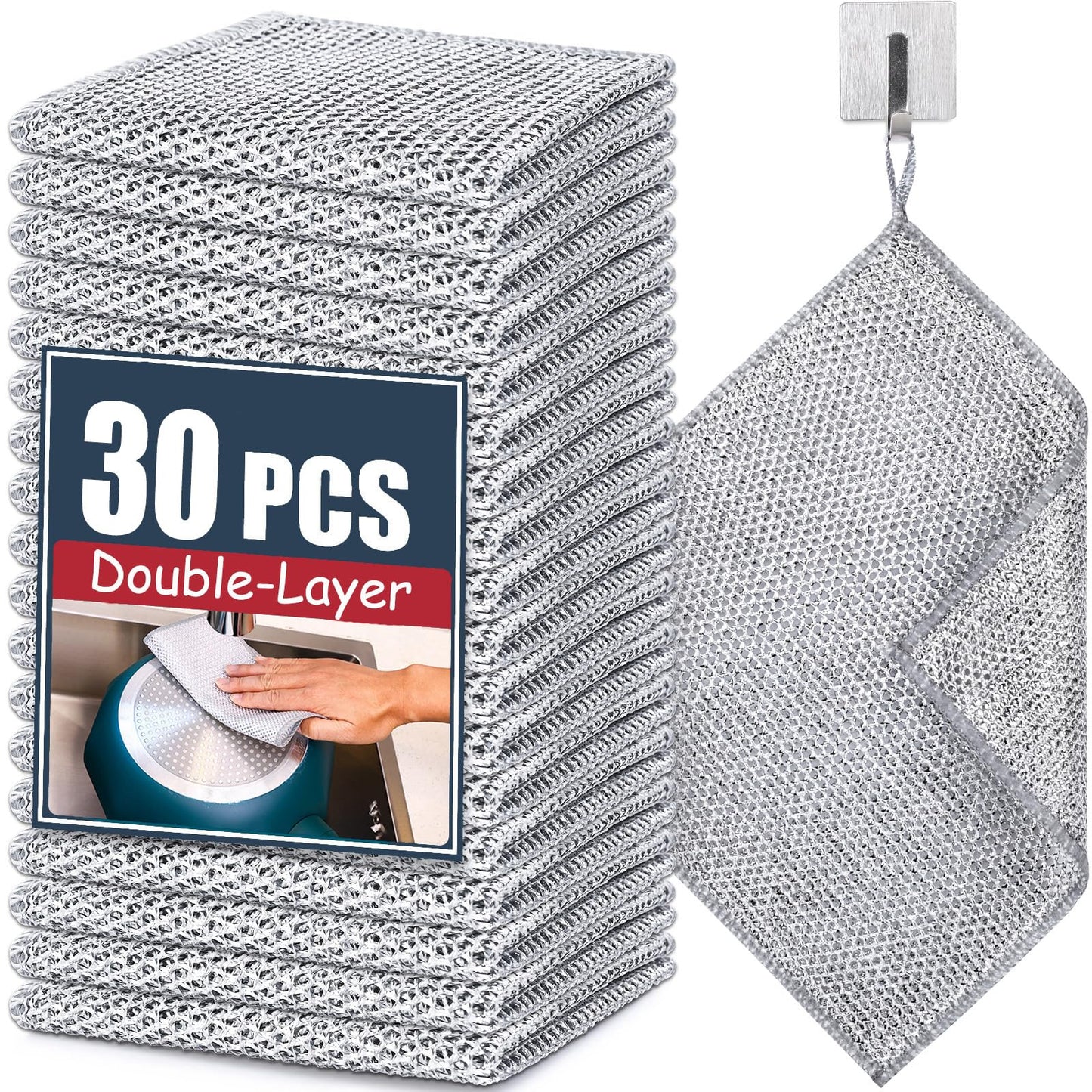 Navona 18 Pcs New Upgrade Steel Wire Dishcloth,Double-Layer Steel Wire Cleaning Cloth,Powerful Cleaning Non-Scratch Wire Dishcloth Rag for Cookware, Sinks, Dishes, Stove Tops, Small