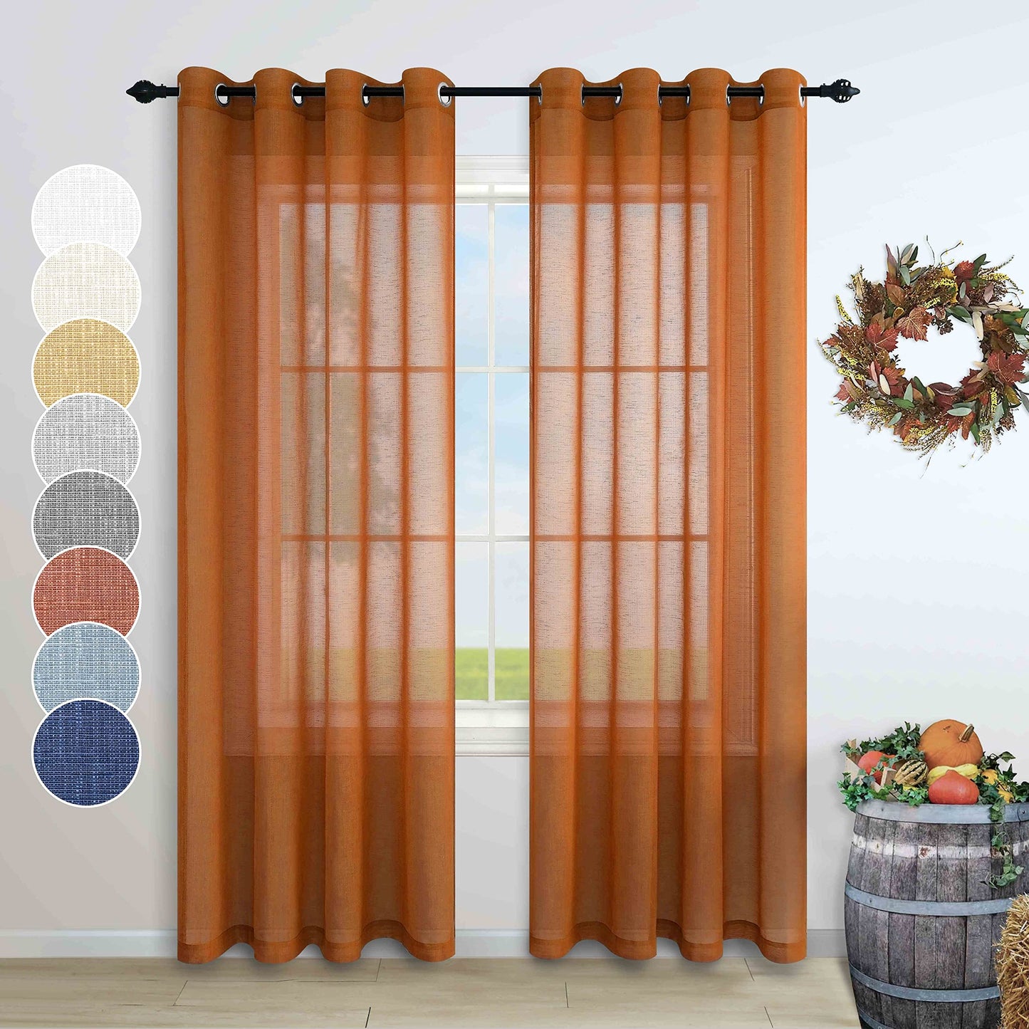 Burnt Orange Sheer Curtains 96 Inches Long for Living Room 2 Panel Set Grommet Window Coverings Pumpkin Winter Curtain for Dining Room Home Office Sunroom Cabin Closet Door Halloween Decor Brown 52x96