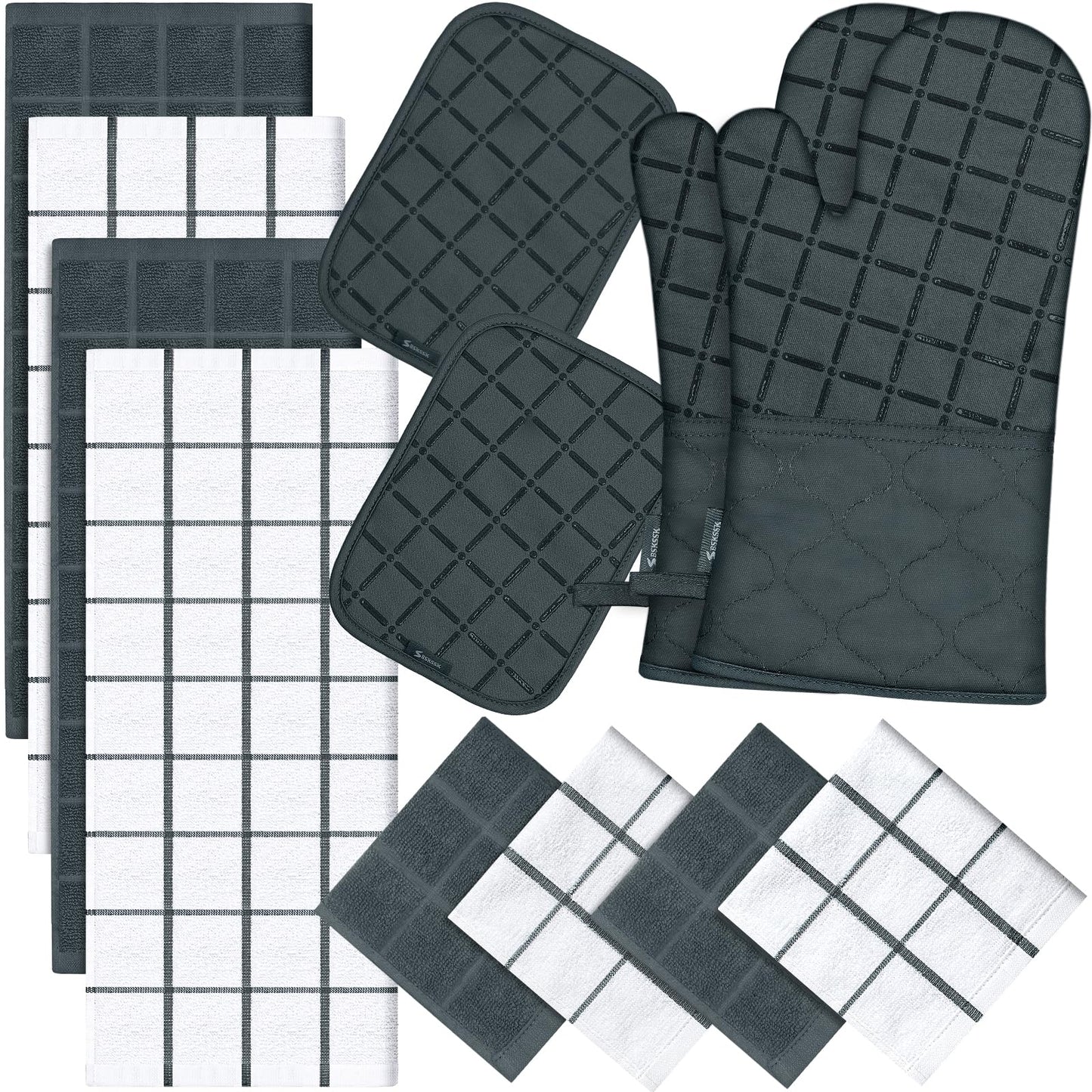 Oven Mitts Kitchen Towels and Dishcloths Pot Holders Sets, Oven Gloves Kitchen Dish Towels 500 Degree Heat Resistant Potholders with Non-Slip Silicone Surface for Cooking, Grilling, Baking-Black