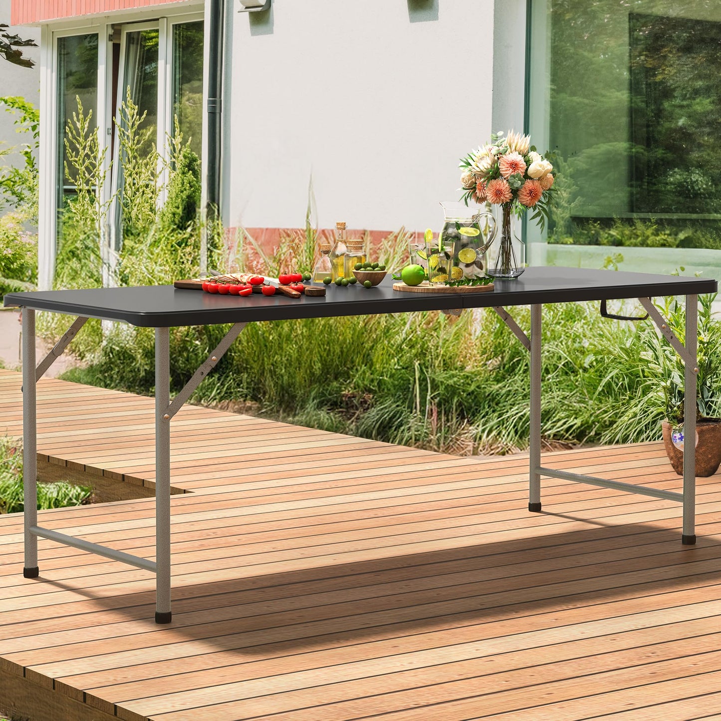 YITAHOME Table de pique-nique d'extérieur de 1,8 m avec plateau en bois, cadre en acier robuste et ouverture pour parapluie, table de pique-nique robuste idéale pour la cour, le patio, les rassemblements sur la pelouse, marron clair 