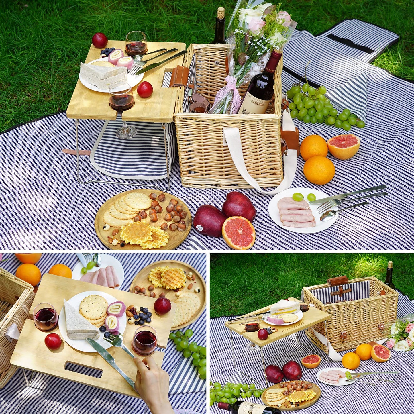 Picknickkorb aus Weide für 4 Personen, Picknick-Set für 4 Personen, Weidenkorb-Service-Geschenkset mit Decke, tragbarer Wein-Snack-Tisch aus Bambus für Camping und Partys im Freien 