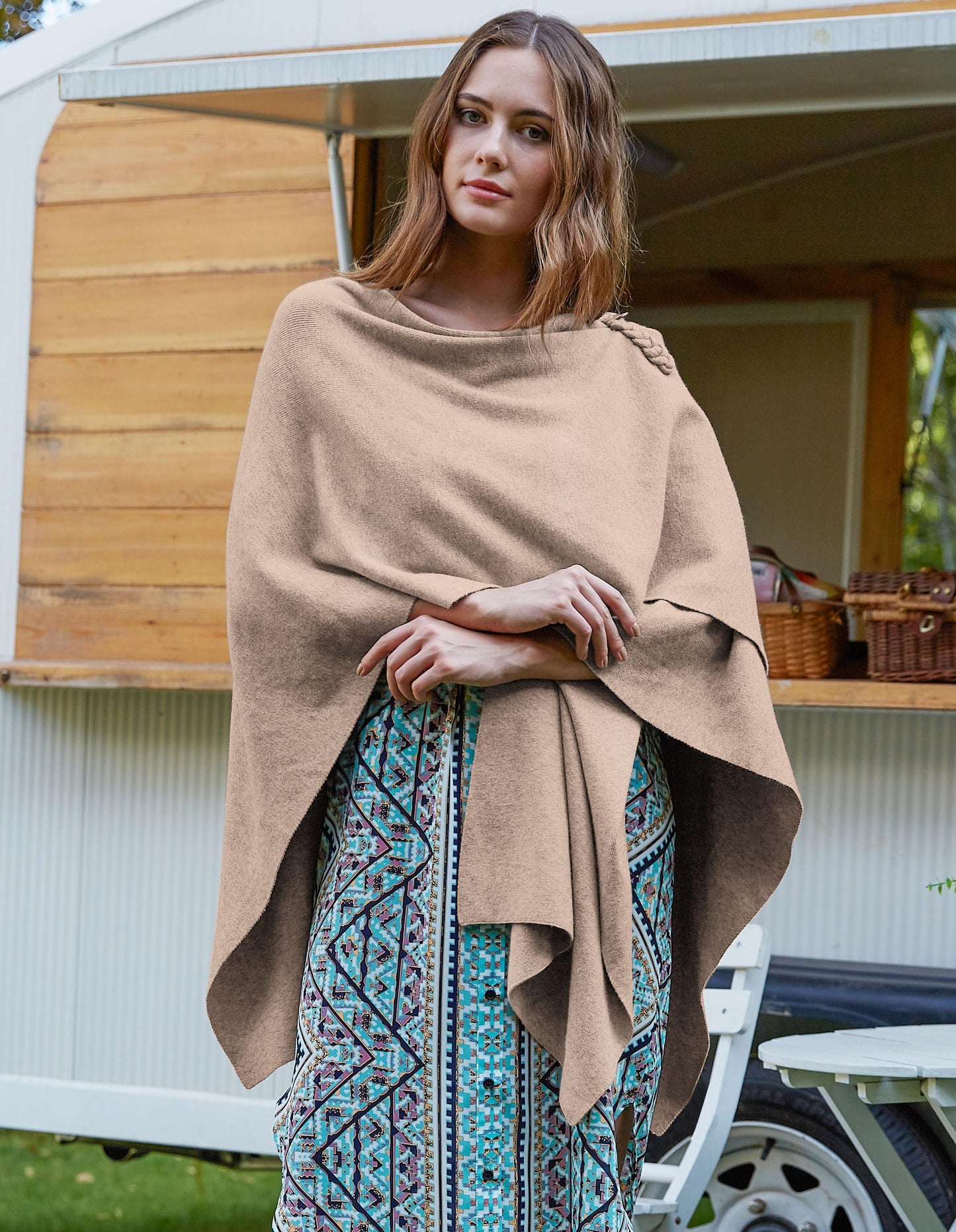 PULI Femmes Grand Poncho Croisé Sur Le Devant Pull Enveloppant Topper Tricoté Élégant Châles Cape pour l'Automne Hiver