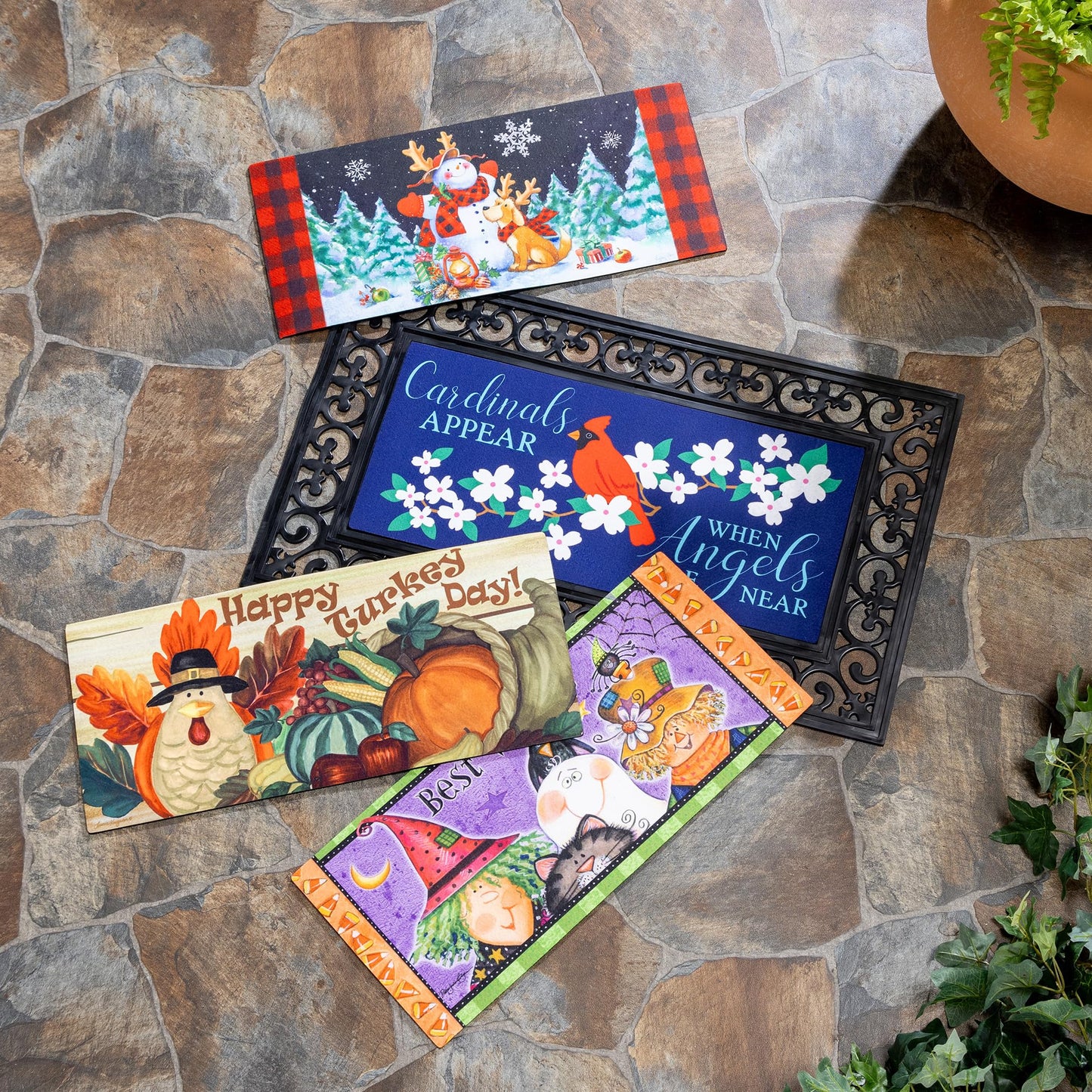 Evergreen Sassafras Bundle - Set of 5 Seasonal Interchangeable Entrance Doormats | Indoor and Outdoor |22-in x 10-in doormats and 28-in x 16-in Tray | Non-Slip Backing | Low Profile | Home Décor