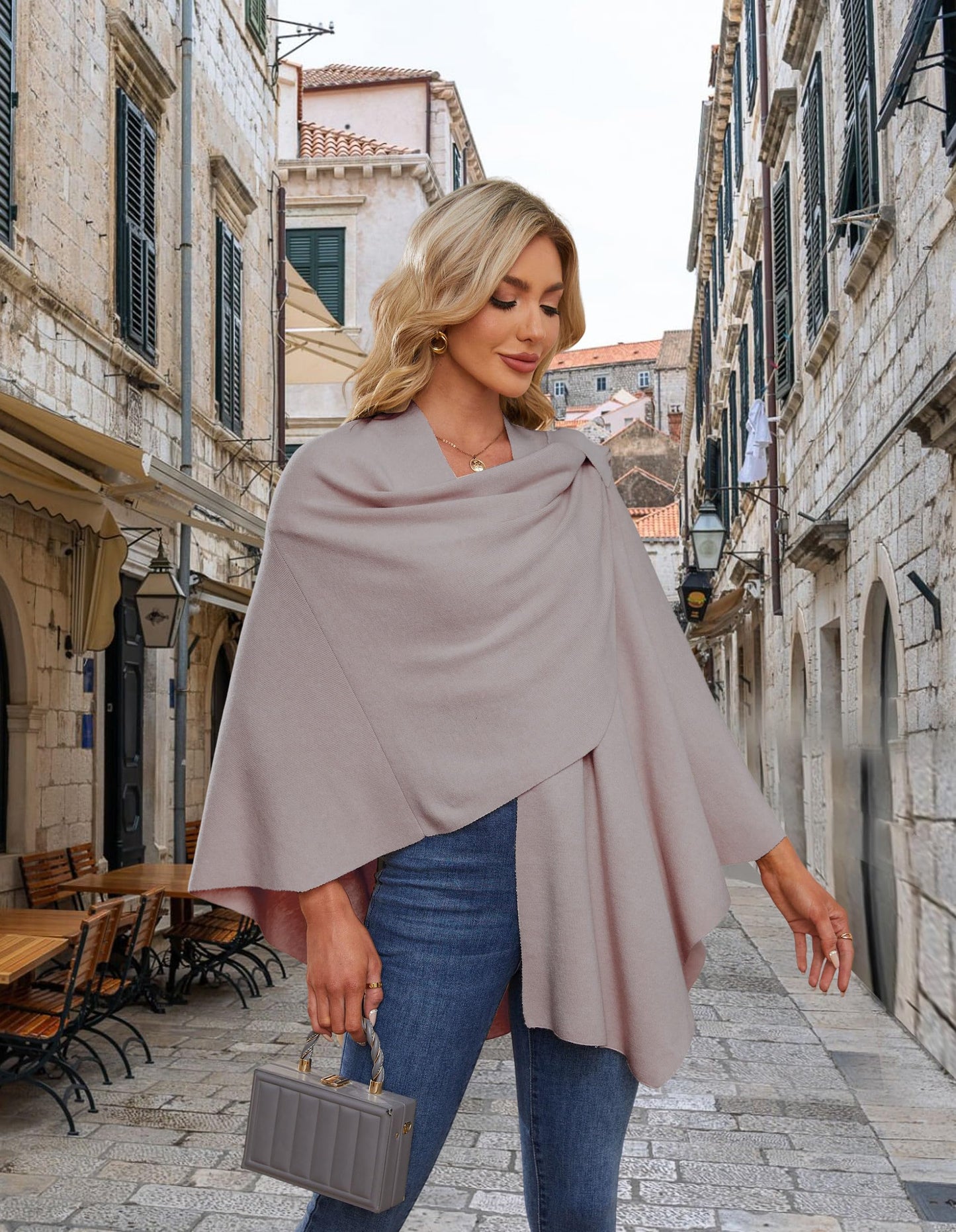 PULI Femmes Grand Poncho Croisé Sur Le Devant Pull Enveloppant Topper Tricoté Élégant Châles Cape pour l'Automne Hiver