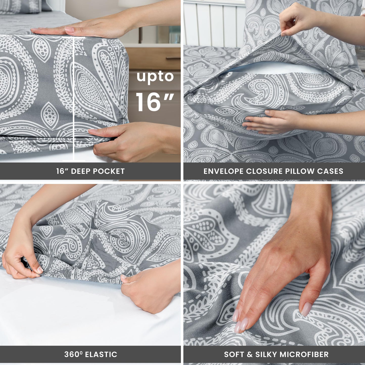 LUX Decor Paisley King Sheet Set, 6 PC Soft Microfiber Wrinkle Free Sheets - Luxurious Printed Bed Sheets Includes Flat Sheet, Fitted Sheet with Deep Pockets, & 4 Pillowcases - Taupe