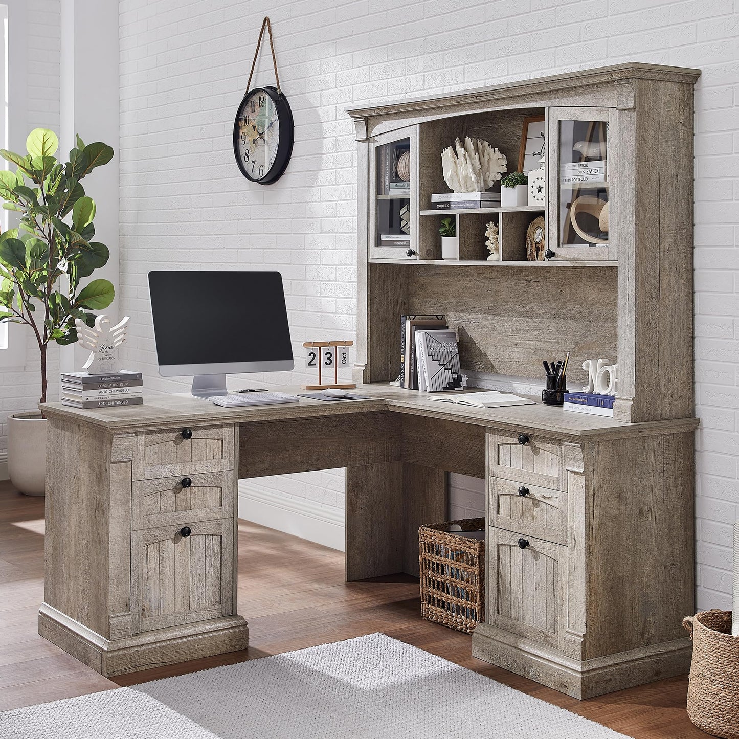 OKD 60" Executive Desk with Drawers, Farmhouse Home Office Desk with Charging Station, Keyboard Tray, File Cabinet Storage, Wood Computer Desk for Work and Study, Antique White