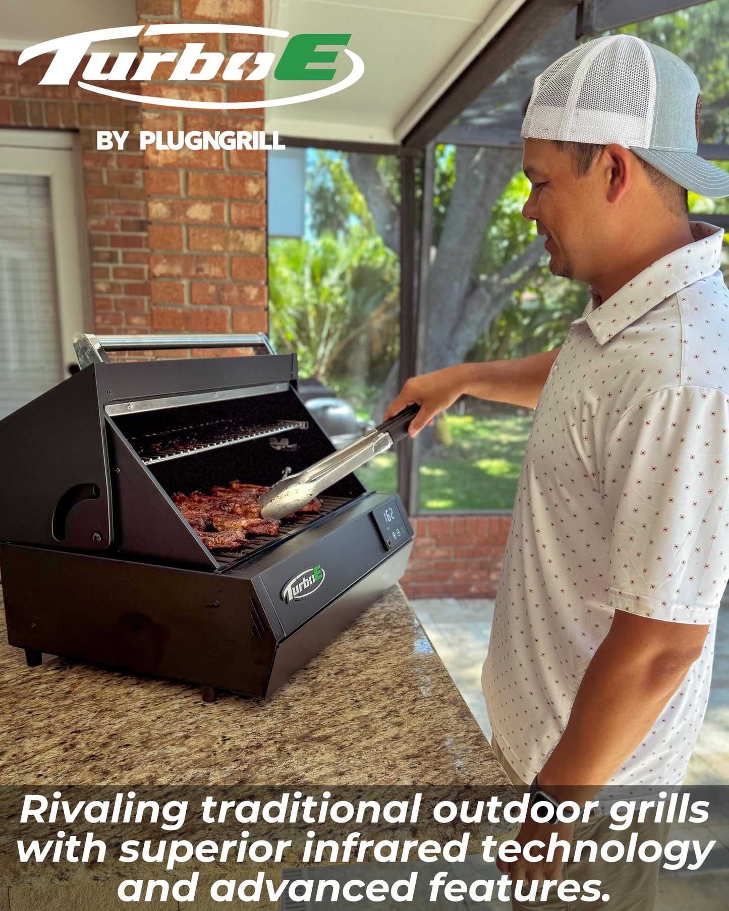 Barbecue électrique d'extérieur Turbo E de PLUGNGRILL - Technologie de gril infrarouge haute puissance de 1700 W - Barbecue intelligent de 24 pouces avec sonde et affichage numérique pour une cuisson et une saisie précises 