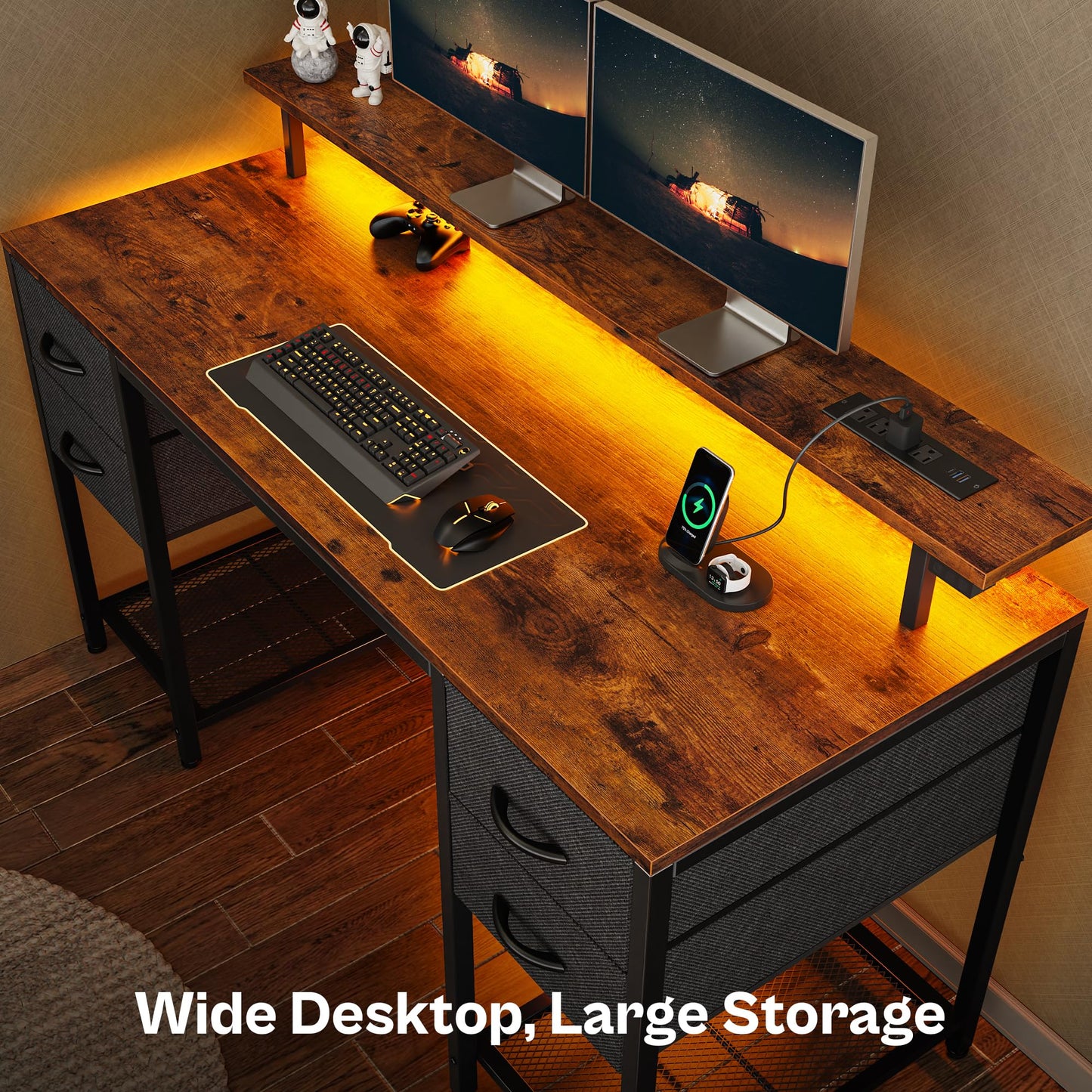 Huuger 47 inch Computer Desk with 4 Drawers, Gaming Desk with LED Lights & Power Outlets, Home Office Desk with Large Storage Space for Bedroom, Work from Home, Black