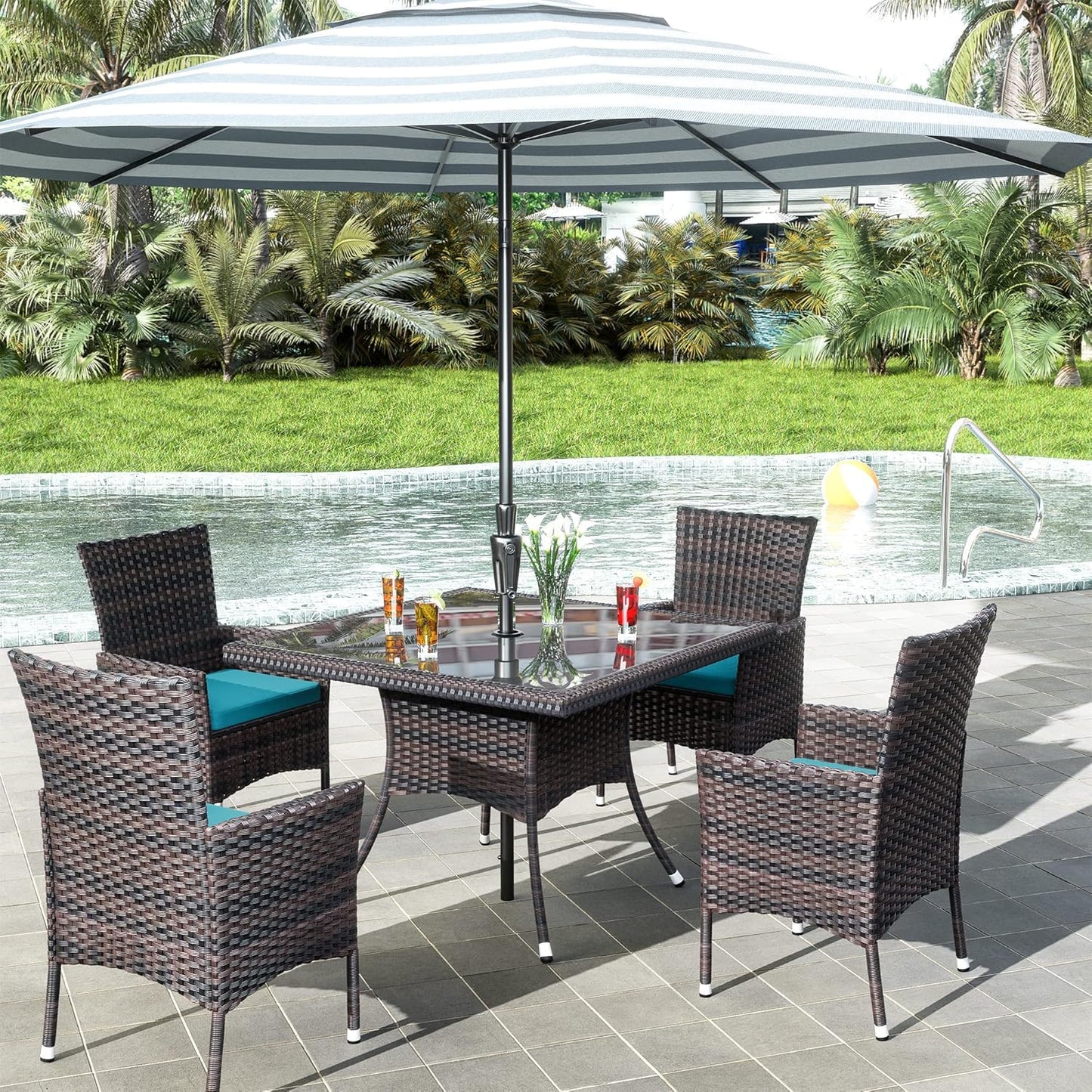 15 Pieces Patio Dining Set Outdoor Rattan Furniture Dinning Set with 3 Square Glass Tabletops 12 Chairs with Navy Blue Cushions for Patio, Backyard Outdoor Kitchen Lawn & Garden