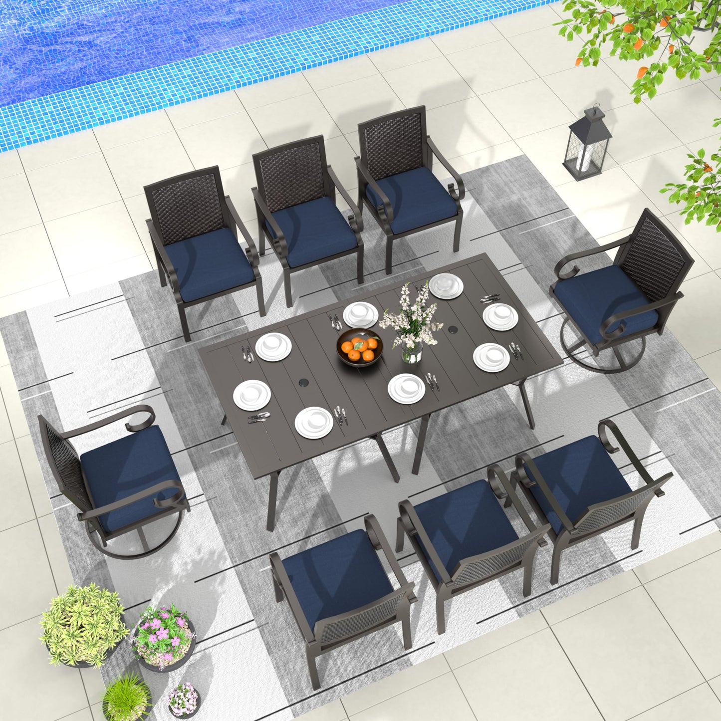 15 Pieces Patio Dining Set Outdoor Rattan Furniture Dinning Set with 3 Square Glass Tabletops 12 Chairs with Navy Blue Cushions for Patio, Backyard Outdoor Kitchen Lawn & Garden