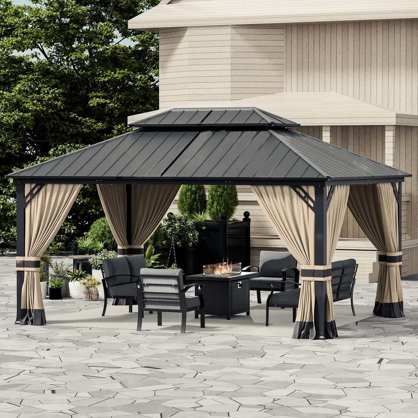 12x20ft Hardtop Gazebo Double Roof, Outdoor Pavilion with 2-Layer Hard top Galvanized Iron Frame Garden Tent, Suitable for courtyards, backyards, Decks, and Grass