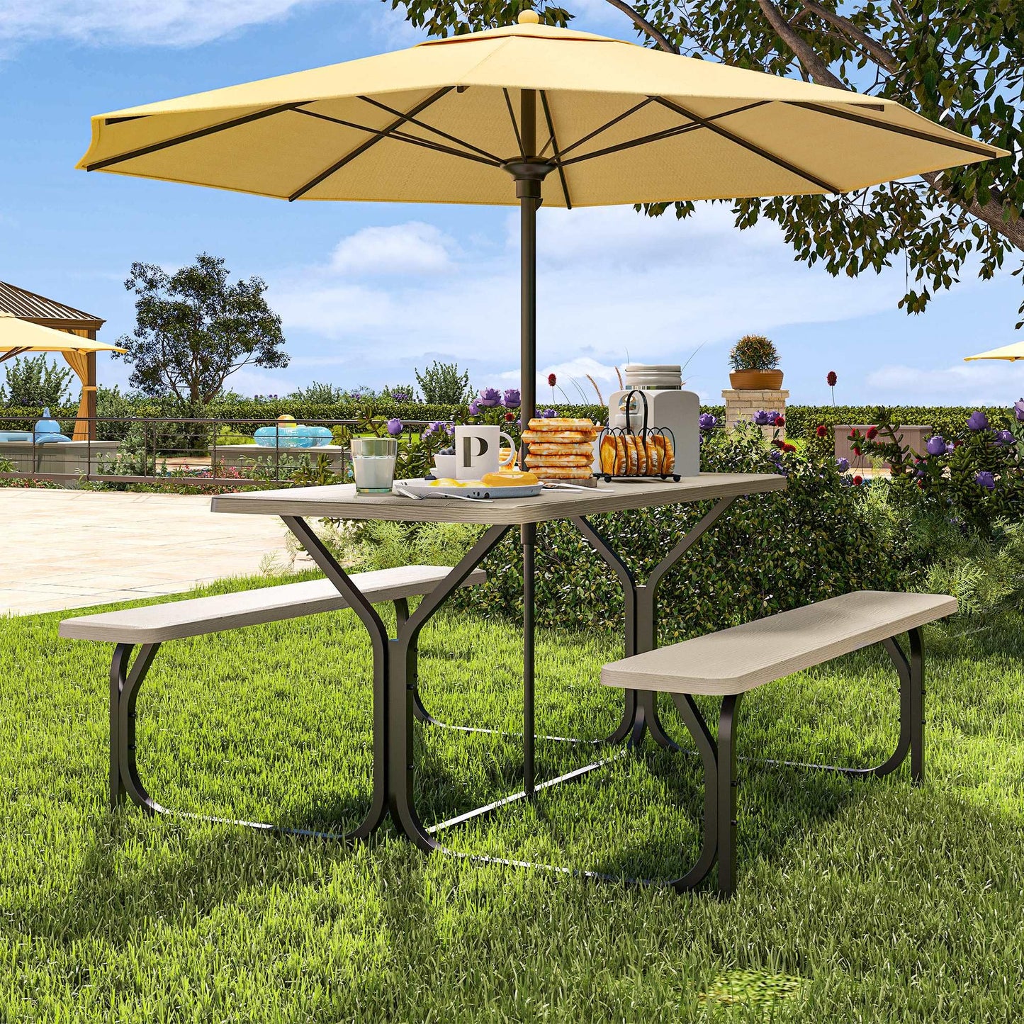 YITAHOME 6ft Outdoor Picnic Table with Wood-Like Tabletop, Sturdy Steel Frame and Umbrella Opening, Heavy Duty Picnic Table Ideal for Yard, Patio, Lawn Gatherings, Light Brown