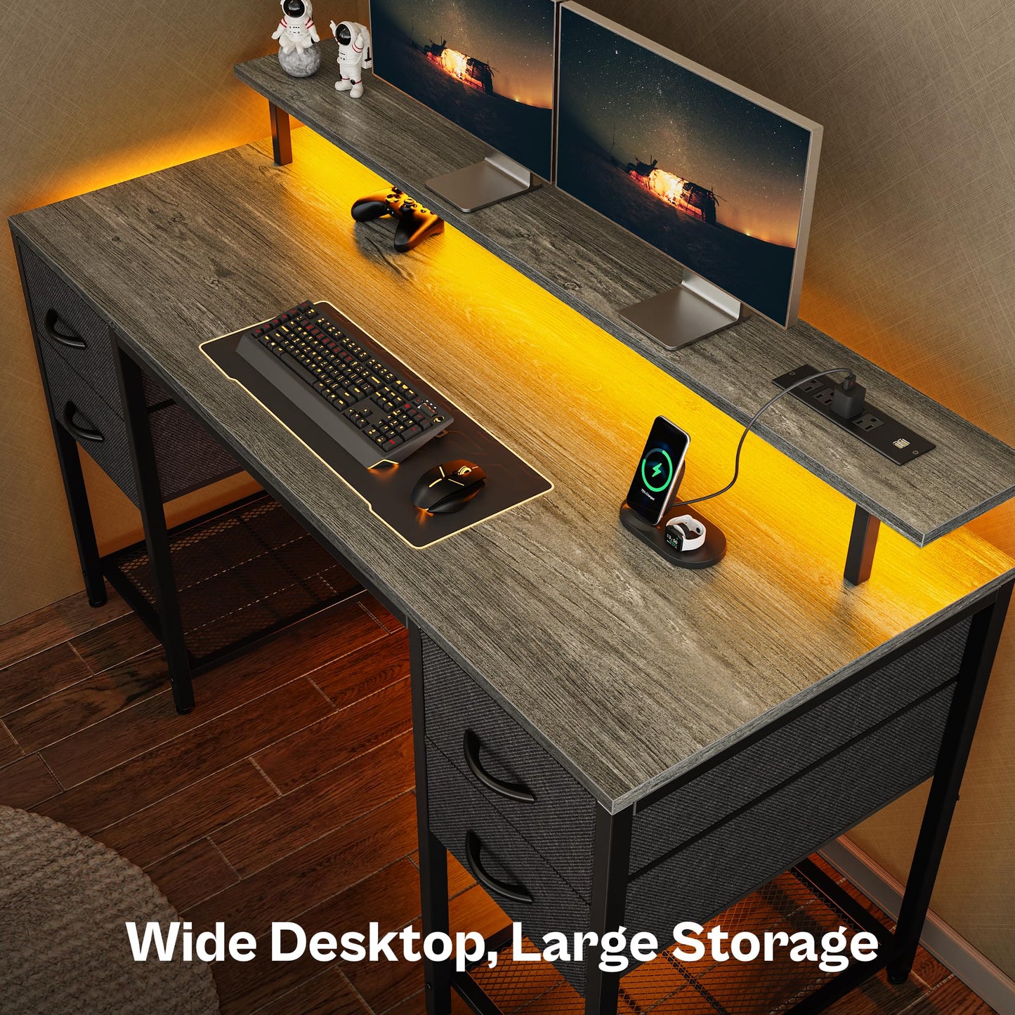 Huuger 47 inch Computer Desk with 4 Drawers, Gaming Desk with LED Lights & Power Outlets, Home Office Desk with Large Storage Space for Bedroom, Work from Home, Black