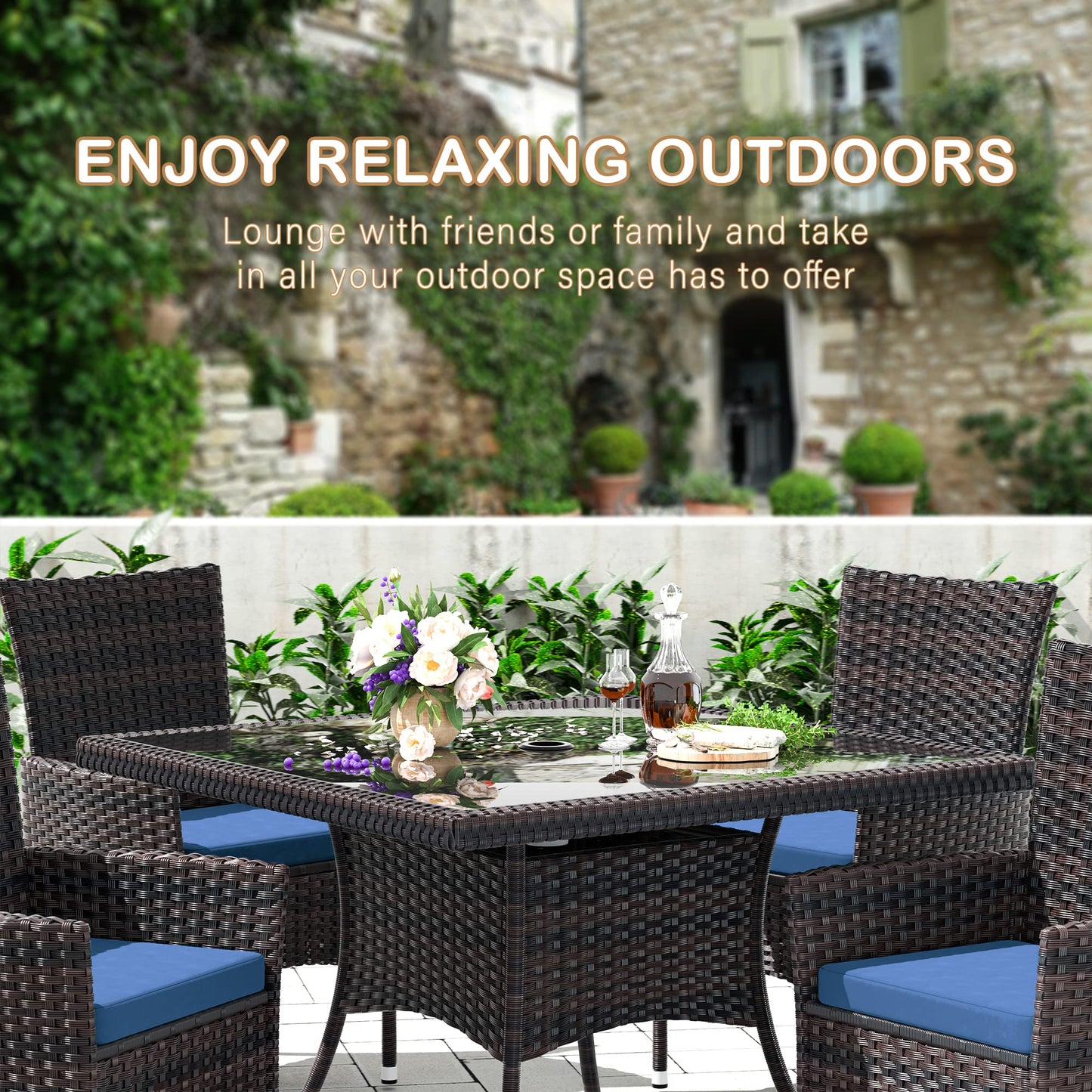 15 Pieces Patio Dining Set Outdoor Rattan Furniture Dinning Set with 3 Square Glass Tabletops 12 Chairs with Navy Blue Cushions for Patio, Backyard Outdoor Kitchen Lawn & Garden