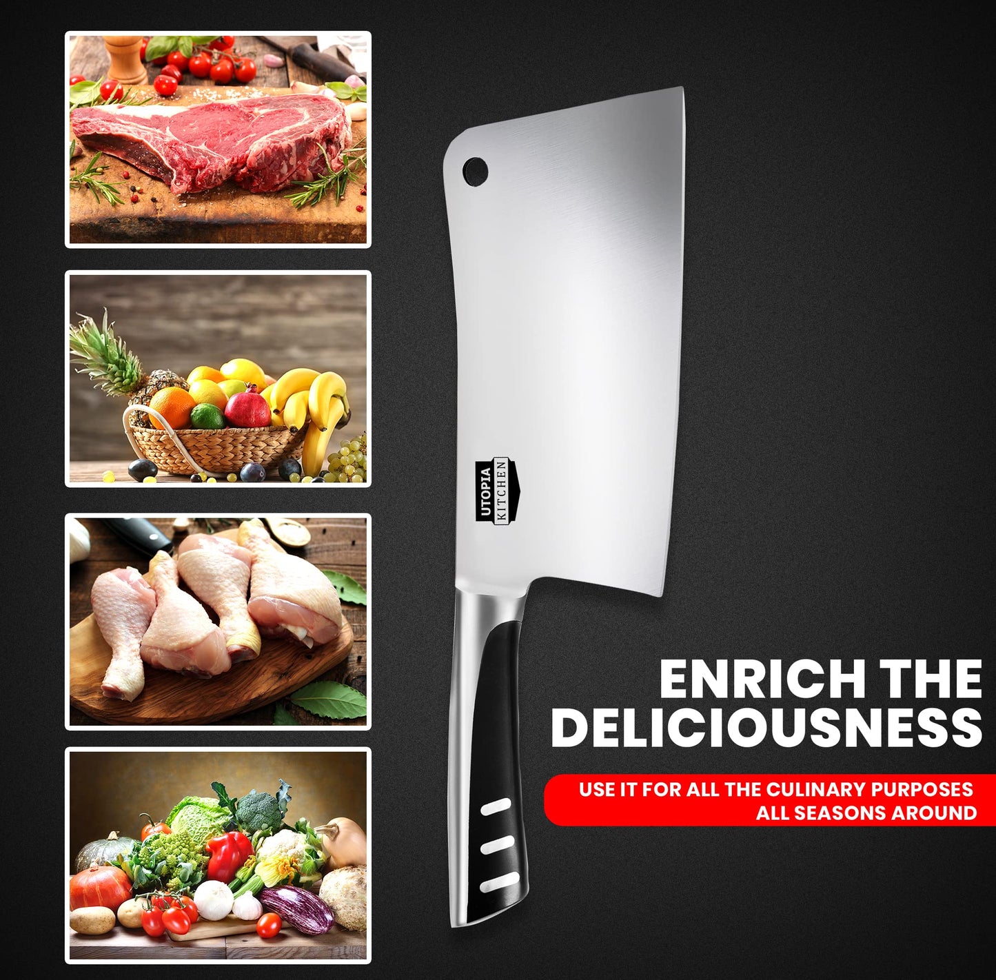 Utopia Kitchen 8 Inch Cleaver Knife Stainless Steel Chopper Butcher Knife for Home Kitchen and Restaurant Black