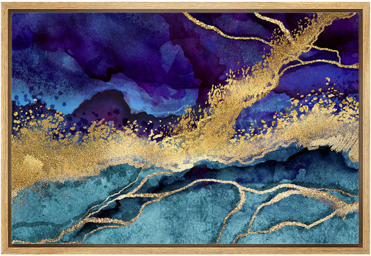 wall26 Framed Canvas Print Wall Art Purple, Gold and Teal Marble Landscape Abstract Shapes Illustrations Modern Chic Colorful Multicolor Ultra for Living Room, Bedroom, Office - 24x36 Natural