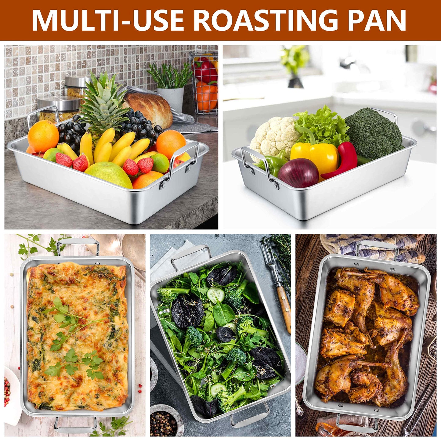 15.3 Inch Roasting Pan with Rack Set of 3(Deep Broiling Pan & V-shaped Rack & Flat Cooling Rack), Herogo Stainless Steel Turkey Roaster Pan for Thanksgiving Christmas, Dishwasher Safe