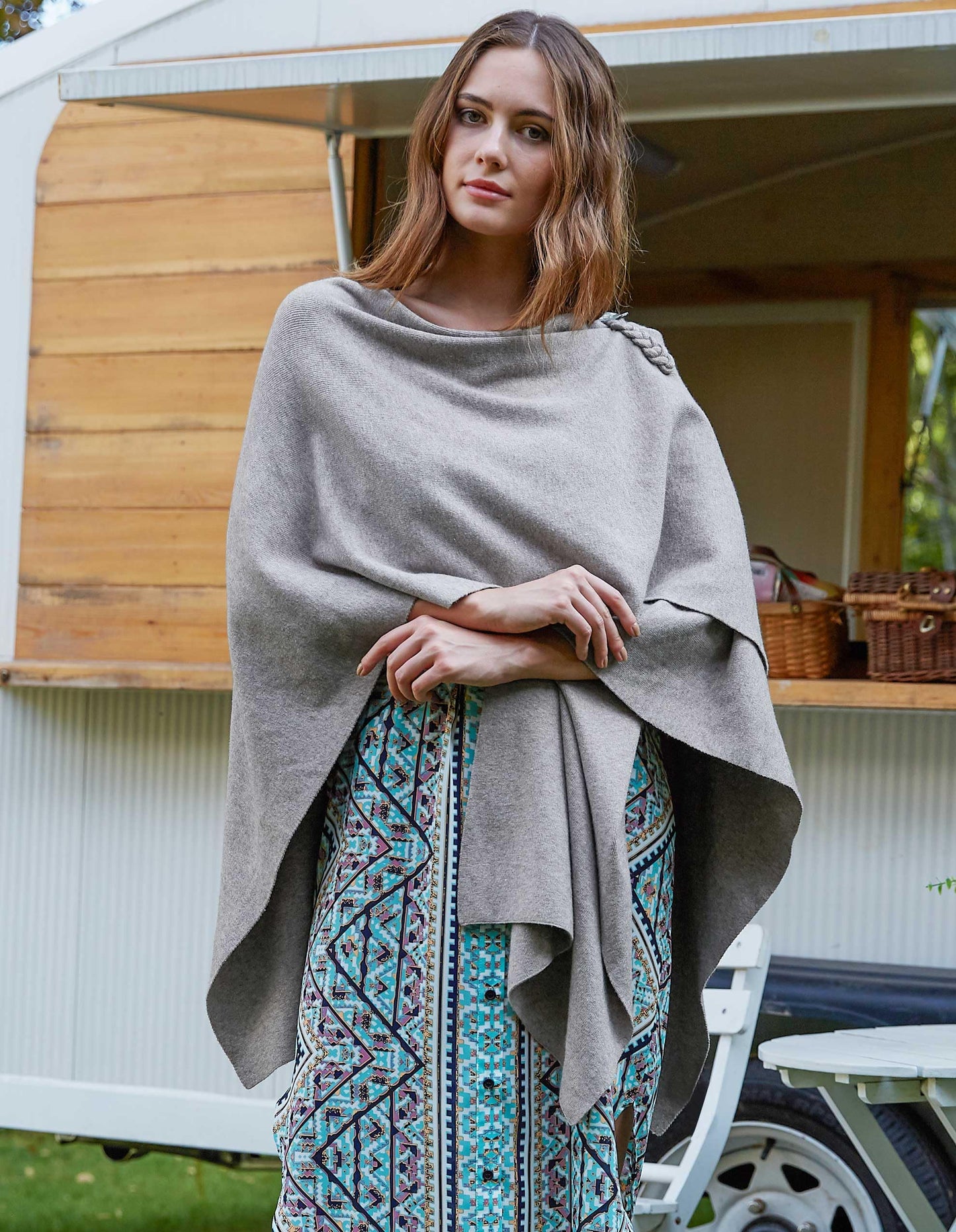 PULI Femmes Grand Poncho Croisé Sur Le Devant Pull Enveloppant Topper Tricoté Élégant Châles Cape pour l'Automne Hiver