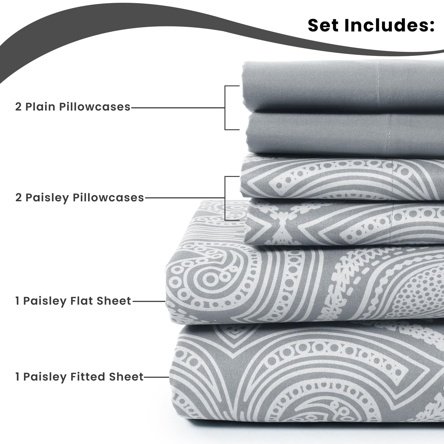 LUX Decor Paisley King Sheet Set, 6 PC Soft Microfiber Wrinkle Free Sheets - Luxurious Printed Bed Sheets Includes Flat Sheet, Fitted Sheet with Deep Pockets, & 4 Pillowcases - Taupe