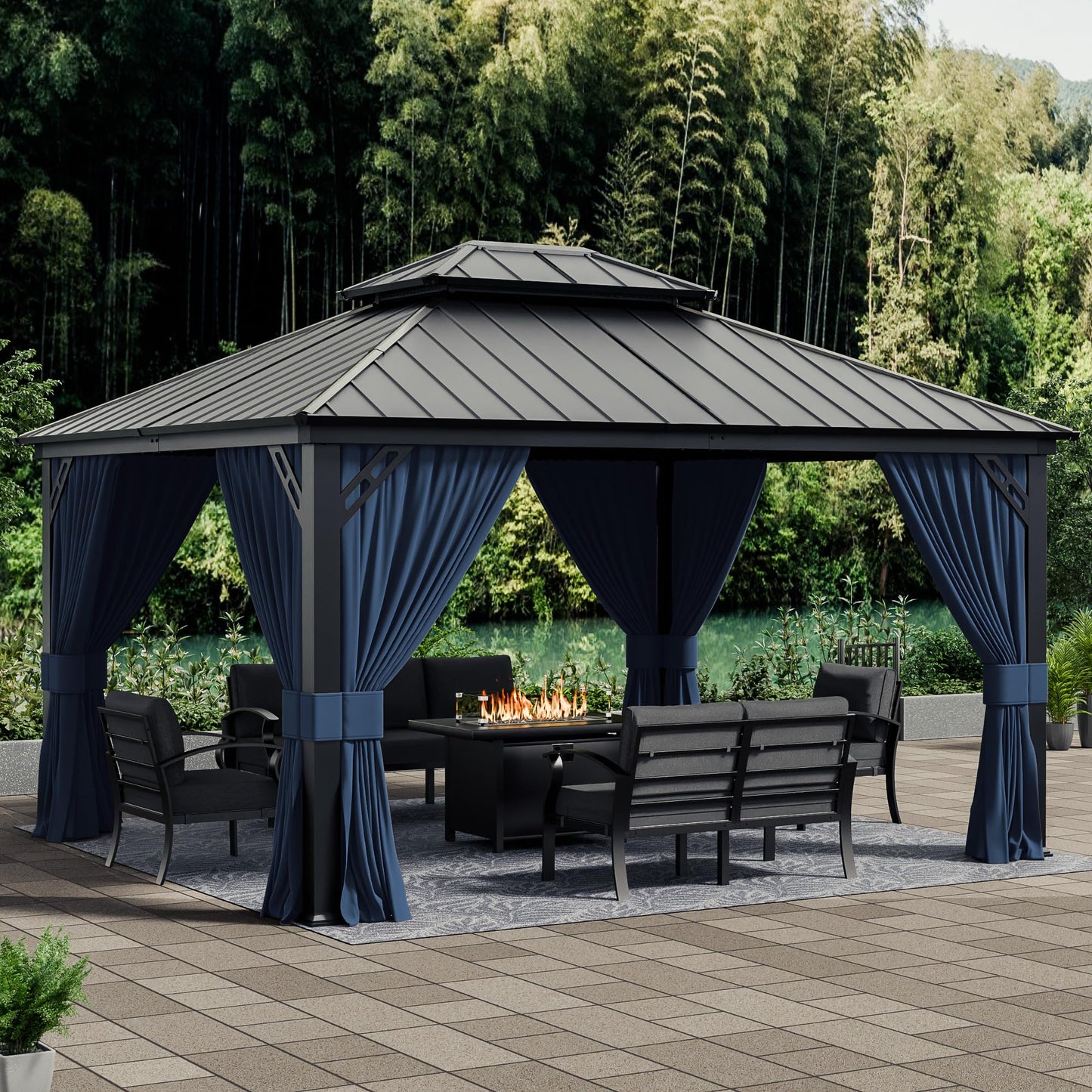 12x20ft Hardtop Gazebo Double Roof, Outdoor Pavilion with 2-Layer Hard top Galvanized Iron Frame Garden Tent, Suitable for courtyards, backyards, Decks, and Grass