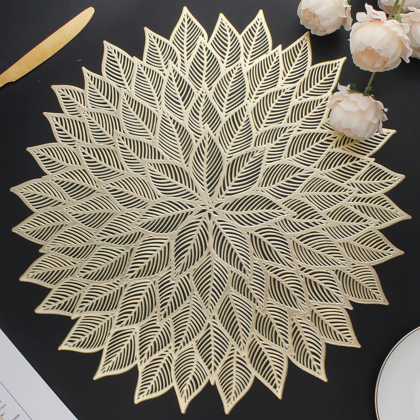 Placemats Set of 6, Round Hollow Out Flowers Place Mats for Dining Table Pressed Vinyl Blooming Leaf Table Mats for Holiday Party Wedding Accent Centerpiece Dinner Table Decoration (Gold)