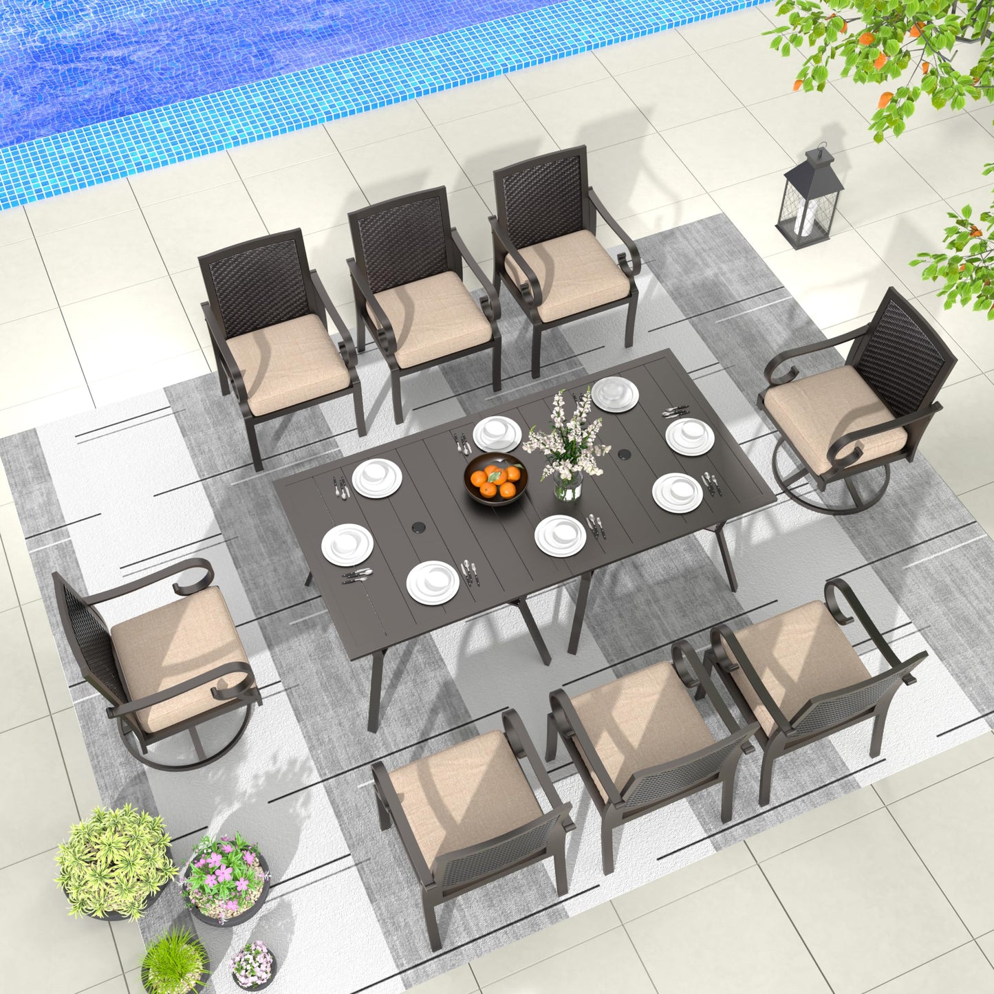 15 Pieces Patio Dining Set Outdoor Rattan Furniture Dinning Set with 3 Square Glass Tabletops 12 Chairs with Navy Blue Cushions for Patio, Backyard Outdoor Kitchen Lawn & Garden