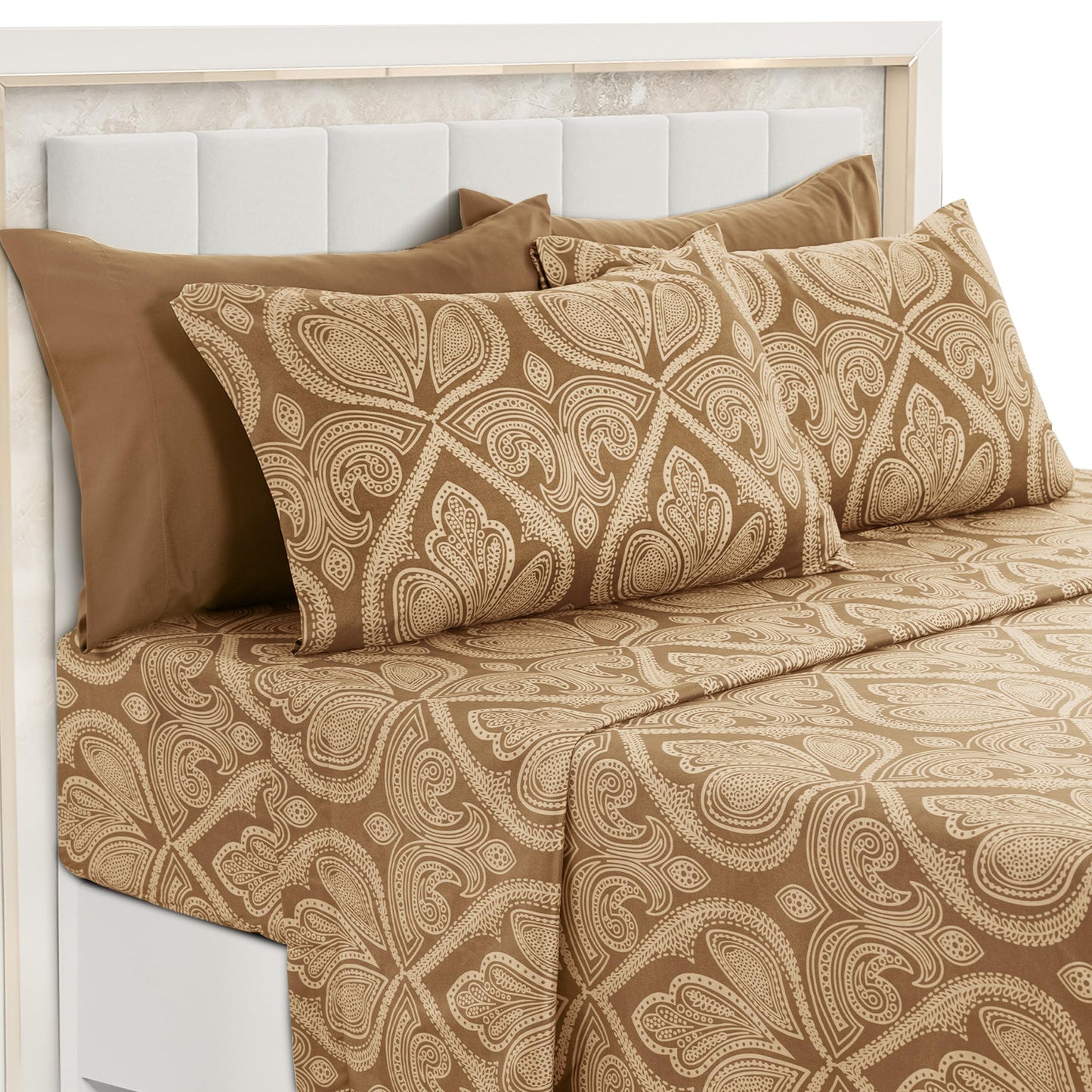 LUX Decor Paisley King-Bettlaken-Set, 6-teilig, weiche, knitterfreie Mikrofaser-Bettlaken – luxuriös bedruckte Bettlaken, inklusive Bettlaken, Spannbettlaken mit tiefen Taschen und 4 Kissenbezügen – Taupe 