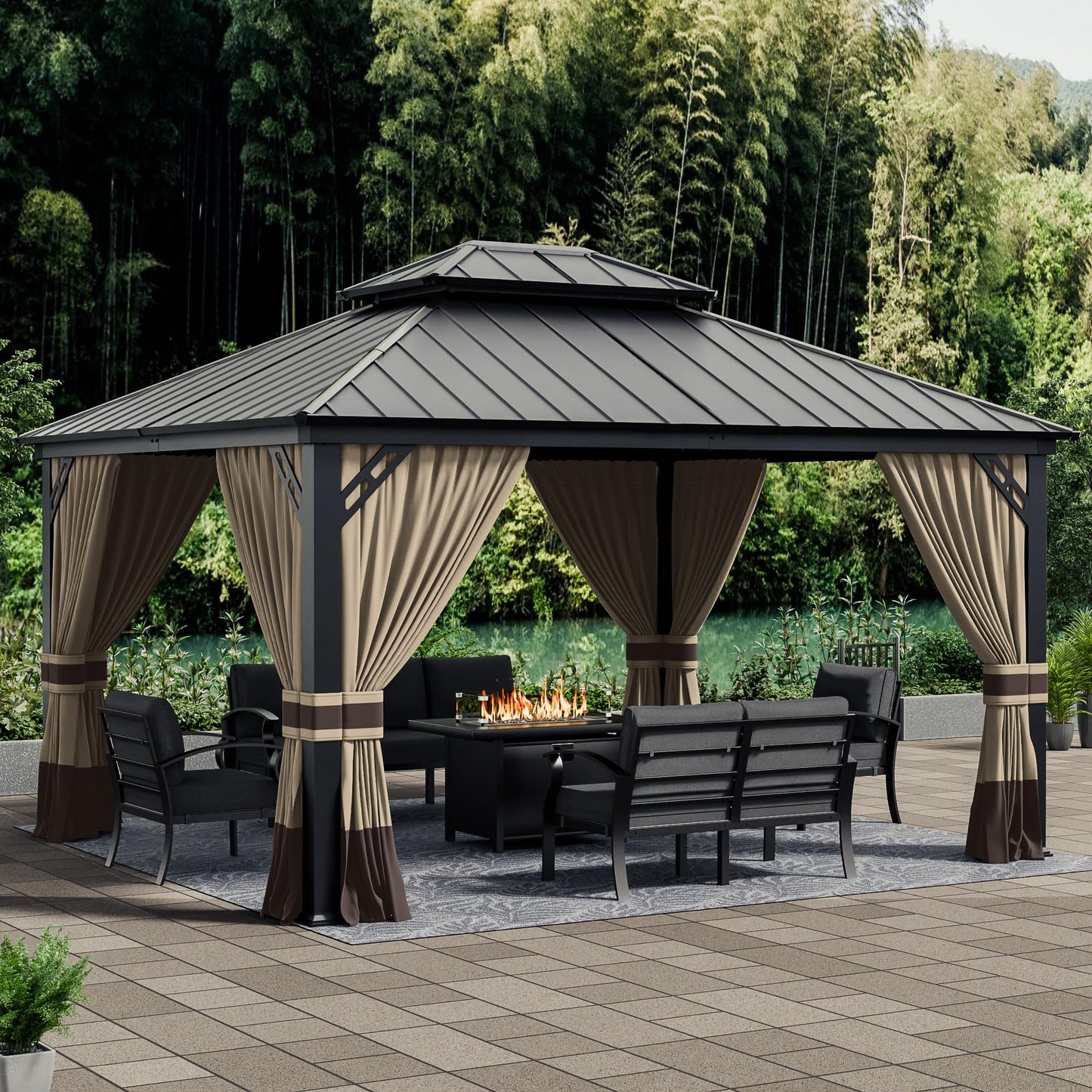 12x20ft Hardtop Gazebo Double Roof, Outdoor Pavilion with 2-Layer Hard top Galvanized Iron Frame Garden Tent, Suitable for courtyards, backyards, Decks, and Grass