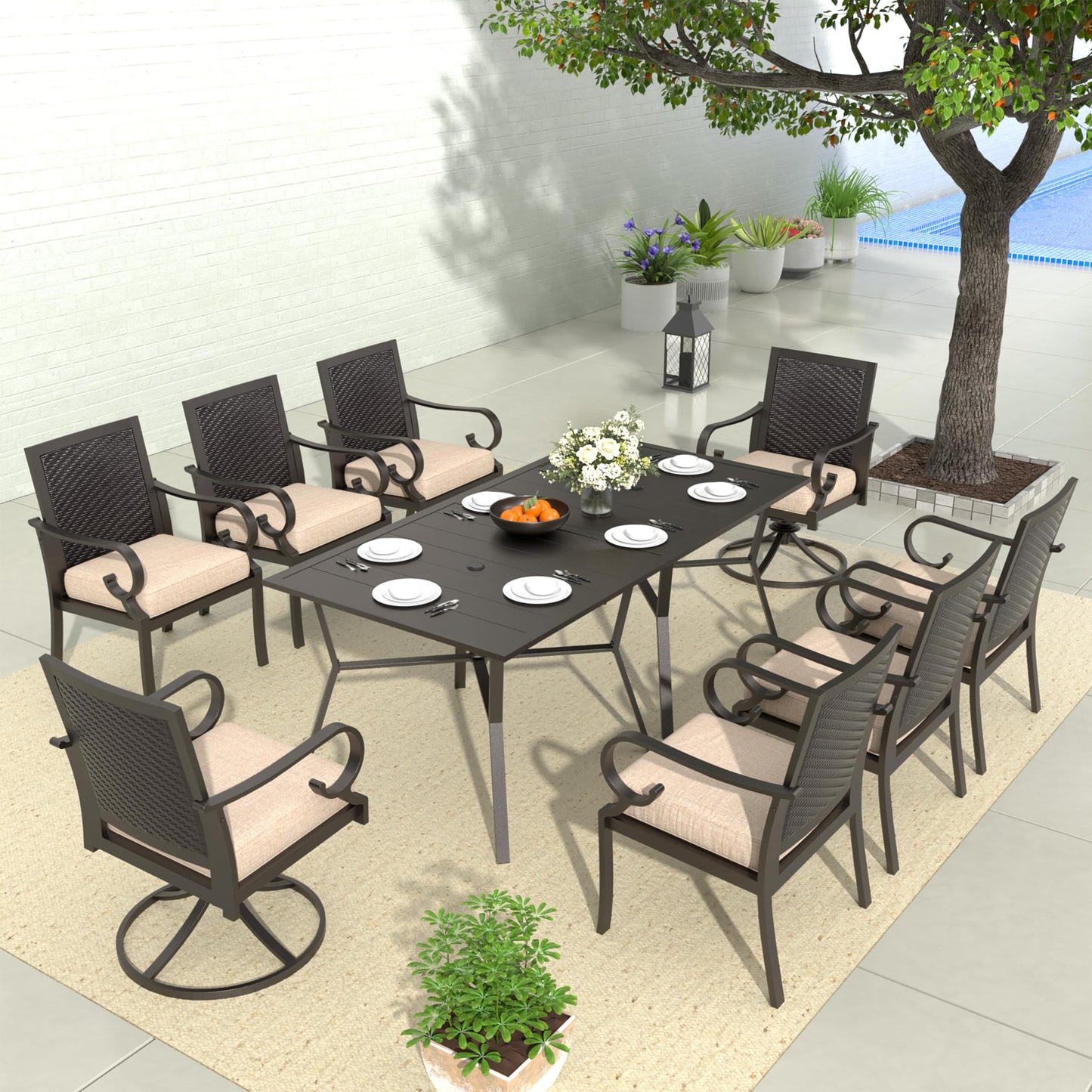 15 Pieces Patio Dining Set Outdoor Rattan Furniture Dinning Set with 3 Square Glass Tabletops 12 Chairs with Navy Blue Cushions for Patio, Backyard Outdoor Kitchen Lawn & Garden