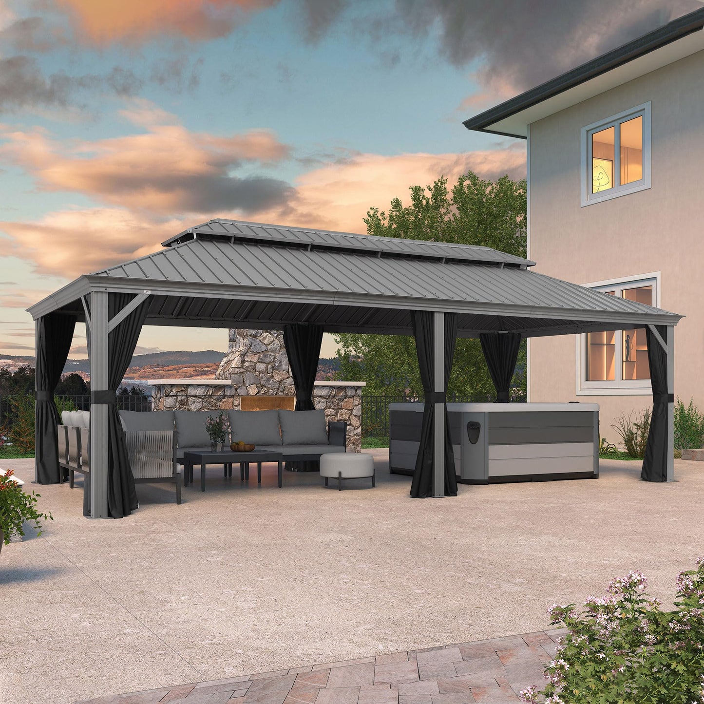 PURPLE LEAF 14' x 20' Patio Hardtop Gazebo with Light Metal Roof Heavy Duty Wind Resistance Outdoor Permanent Large Pavilion Gazebo for Patio Deck and Garden, Netting and Curtains Included, Light Grey