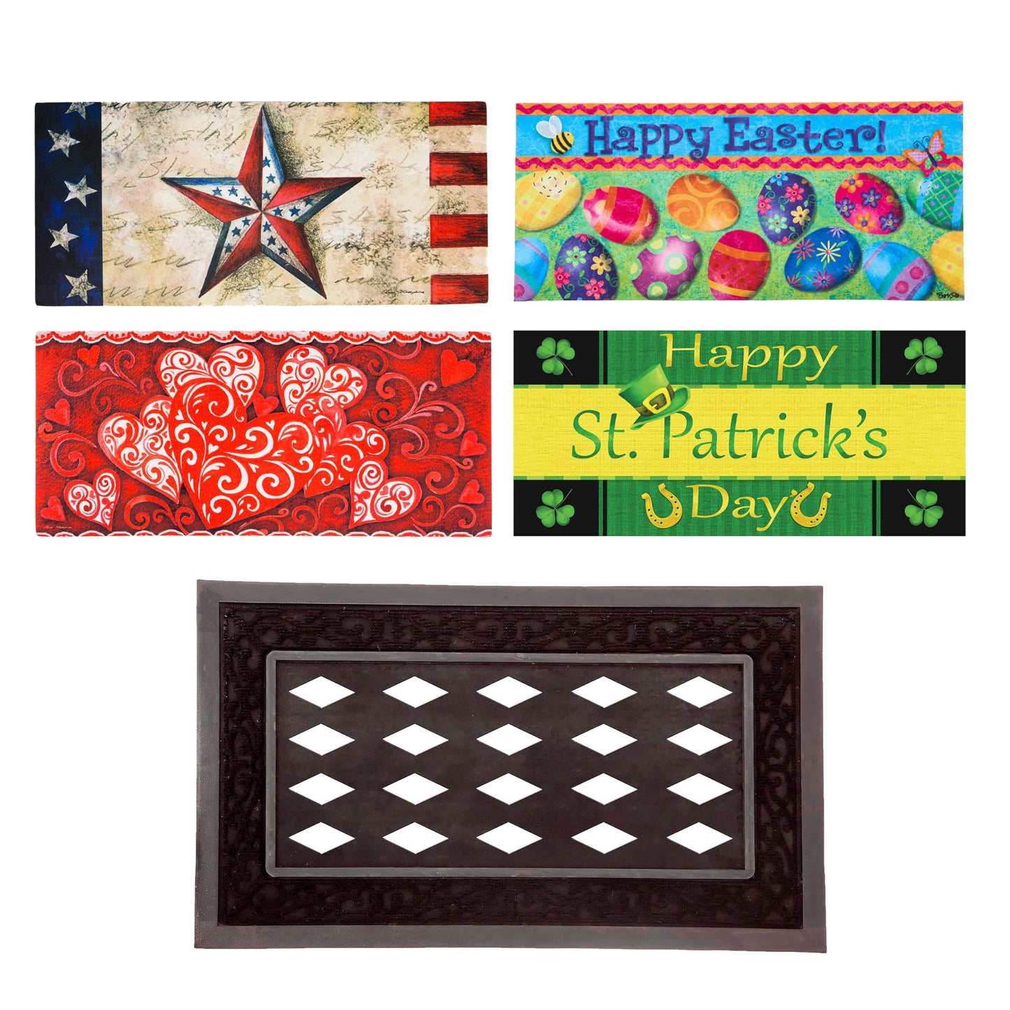 Evergreen Sassafras Bundle - Set of 5 Seasonal Interchangeable Entrance Doormats | Indoor and Outdoor |22-in x 10-in doormats and 28-in x 16-in Tray | Non-Slip Backing | Low Profile | Home Décor