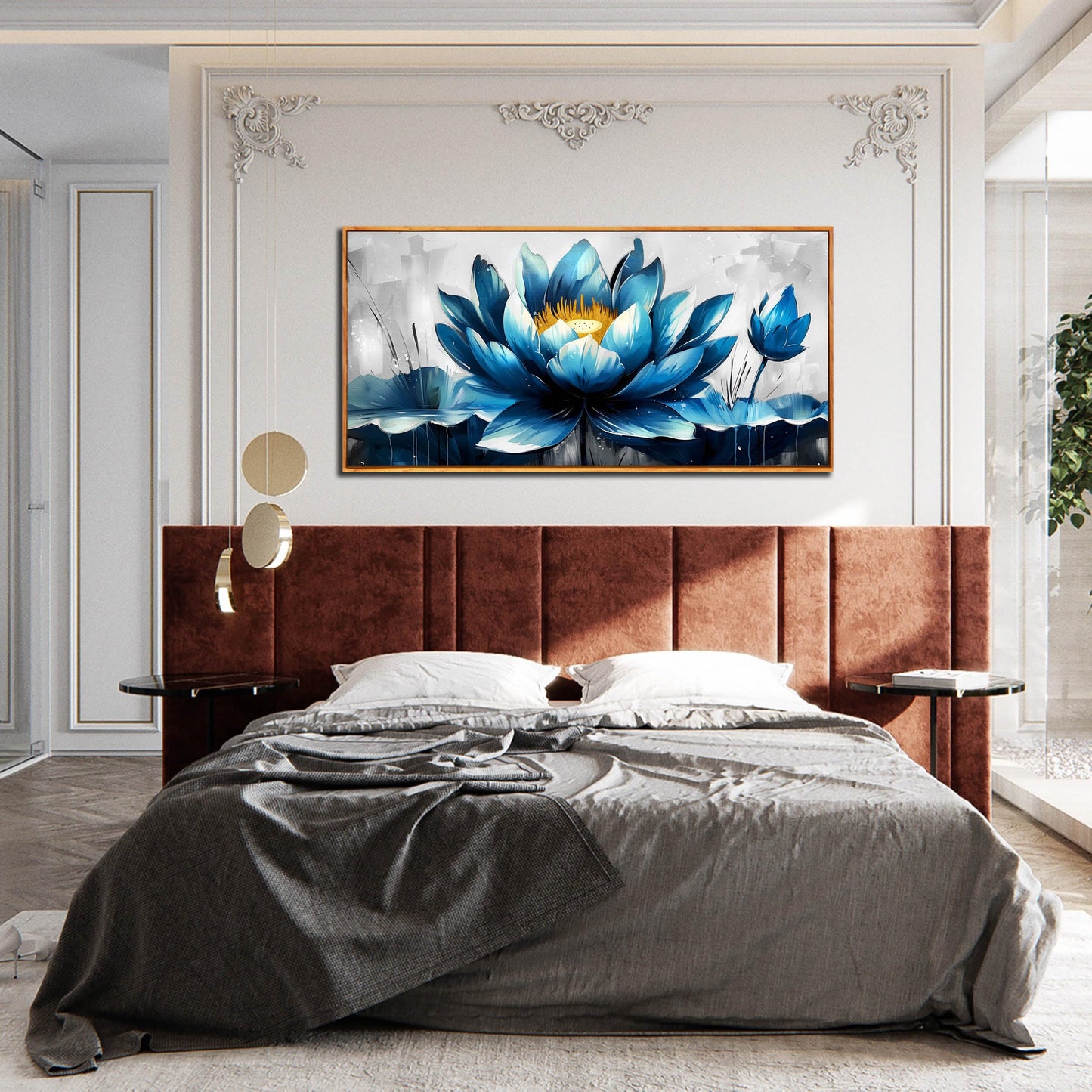 Ouzzlie Große Blumen-Wanddekoration, blaue Wandkunst für Wohnzimmer, goldene Kunst, Lotus-Poster für Zuhause und Büro, 73,7 x 149,9 cm 