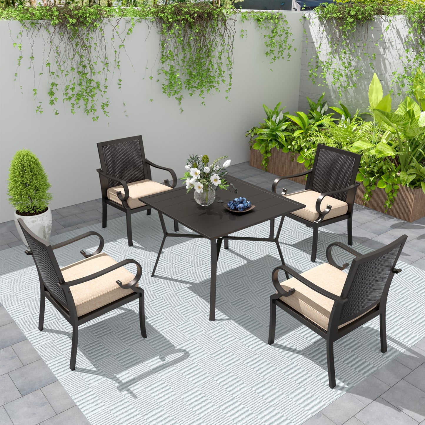 15 Pieces Patio Dining Set Outdoor Rattan Furniture Dinning Set with 3 Square Glass Tabletops 12 Chairs with Navy Blue Cushions for Patio, Backyard Outdoor Kitchen Lawn & Garden