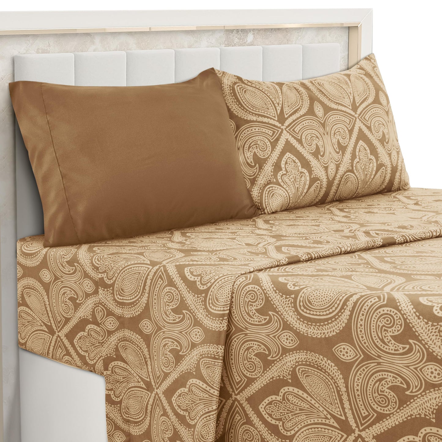 Parure de lit LUX Decor Paisley King, 6 pièces, draps doux en microfibre infroissables – Draps de lit imprimés luxueux comprenant un drap plat, un drap-housse avec poches profondes et 4 taies d'oreiller – Taupe 