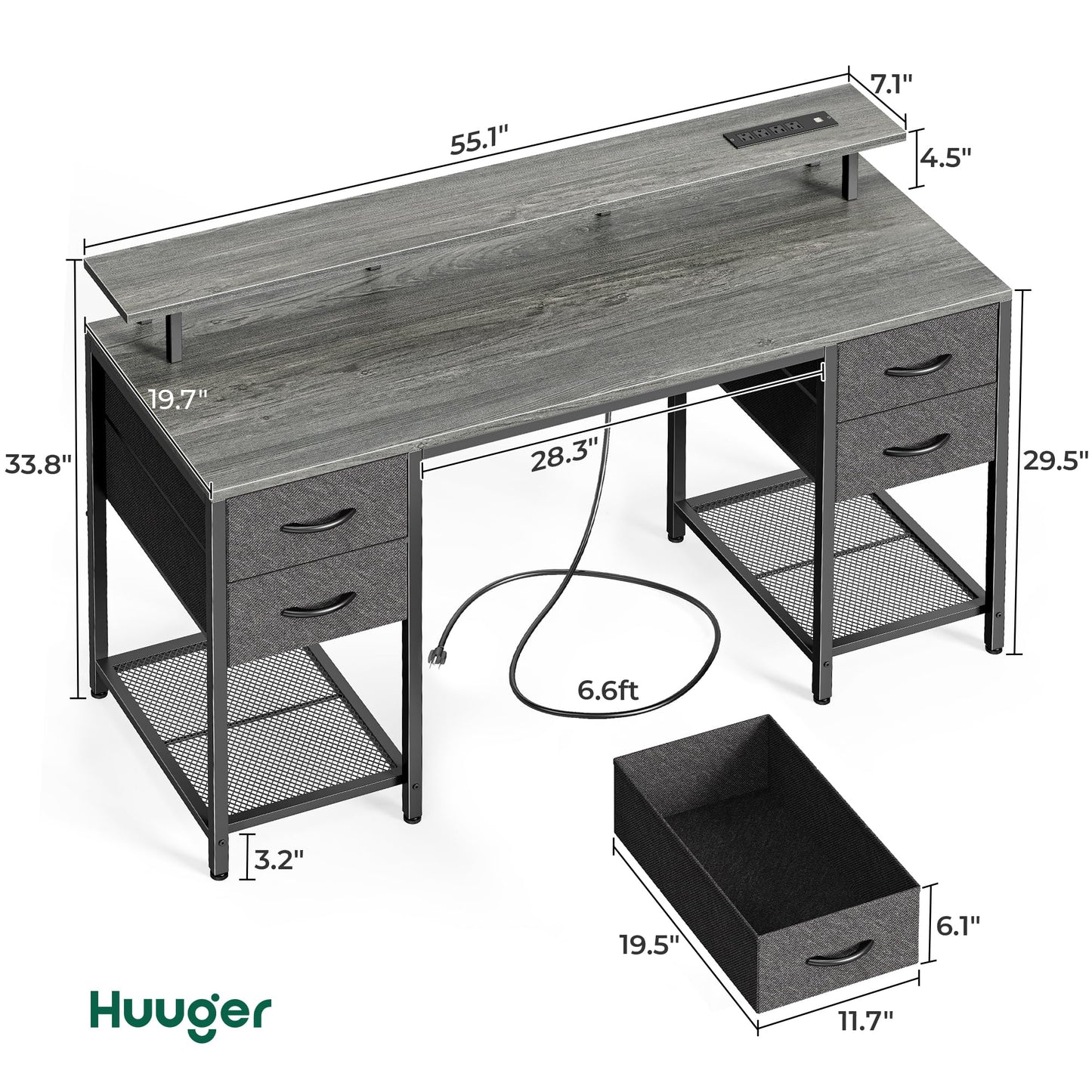 Huuger 47 inch Computer Desk with 4 Drawers, Gaming Desk with LED Lights & Power Outlets, Home Office Desk with Large Storage Space for Bedroom, Work from Home, Black