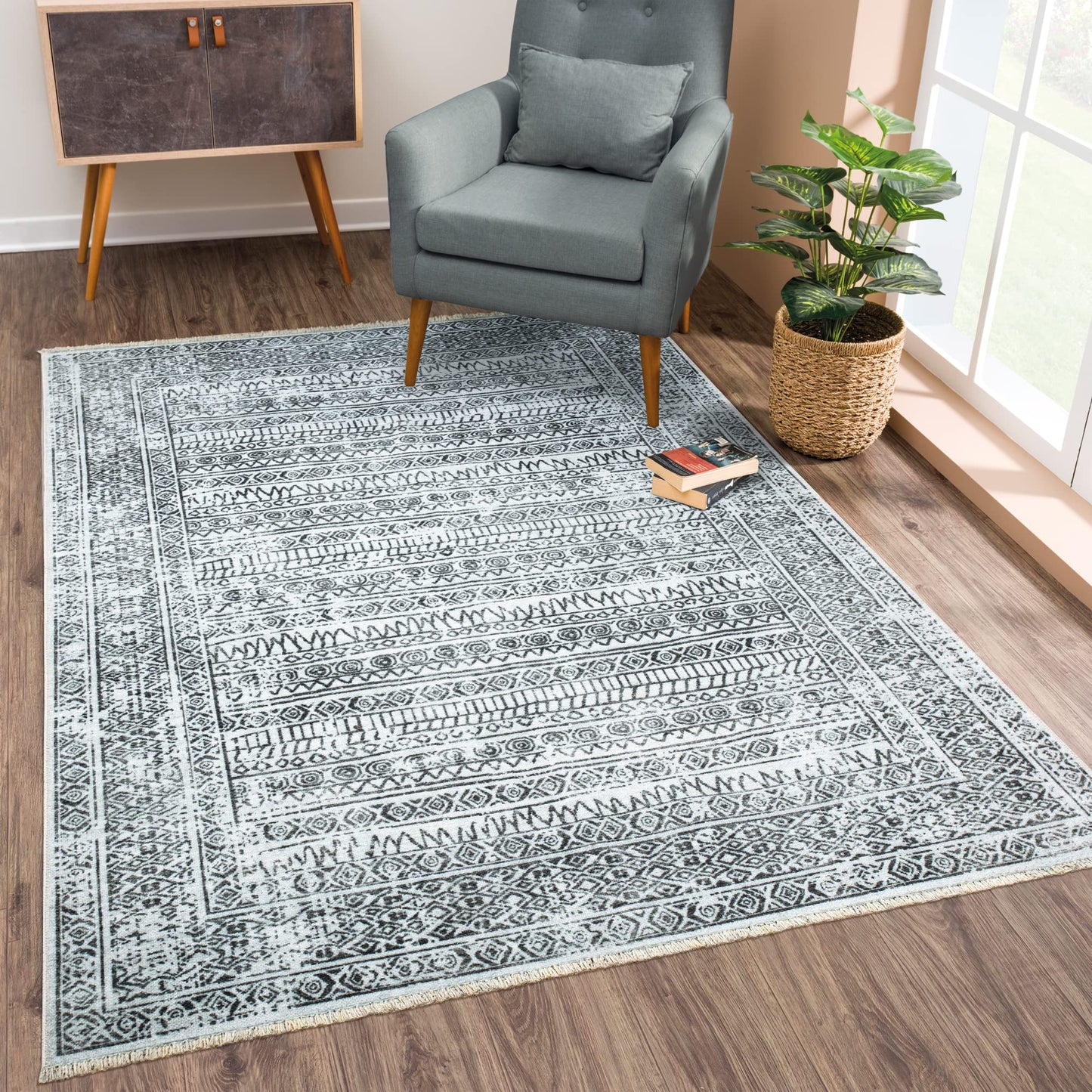 Bloom Rugs Caria, waschbarer, rutschfester Teppich, 4 x 6 Zoll, blauer traditioneller Teppich für Wohnzimmer, Schlafzimmer, Esszimmer und Küche, genaue Größe: 4 x 6 Fuß 