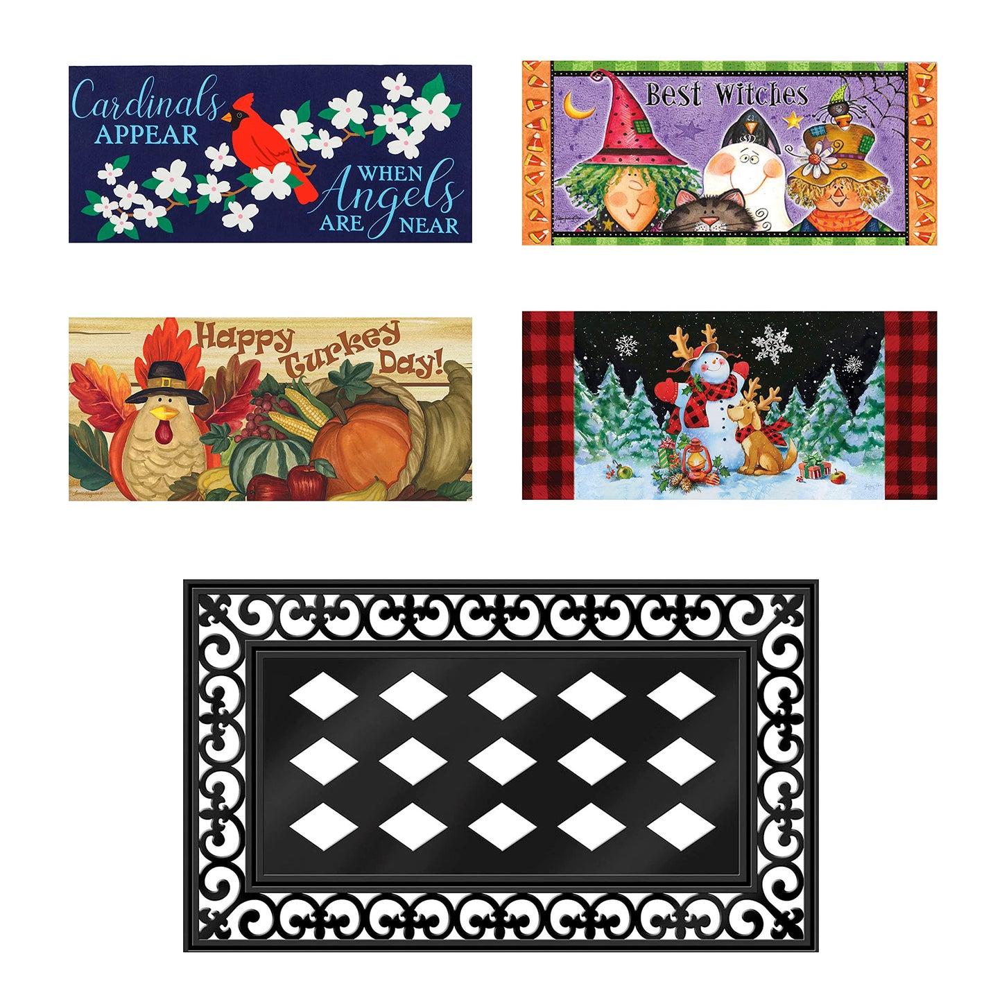 Evergreen Sassafras Bundle - Set of 5 Seasonal Interchangeable Entrance Doormats | Indoor and Outdoor |22-in x 10-in doormats and 28-in x 16-in Tray | Non-Slip Backing | Low Profile | Home Décor