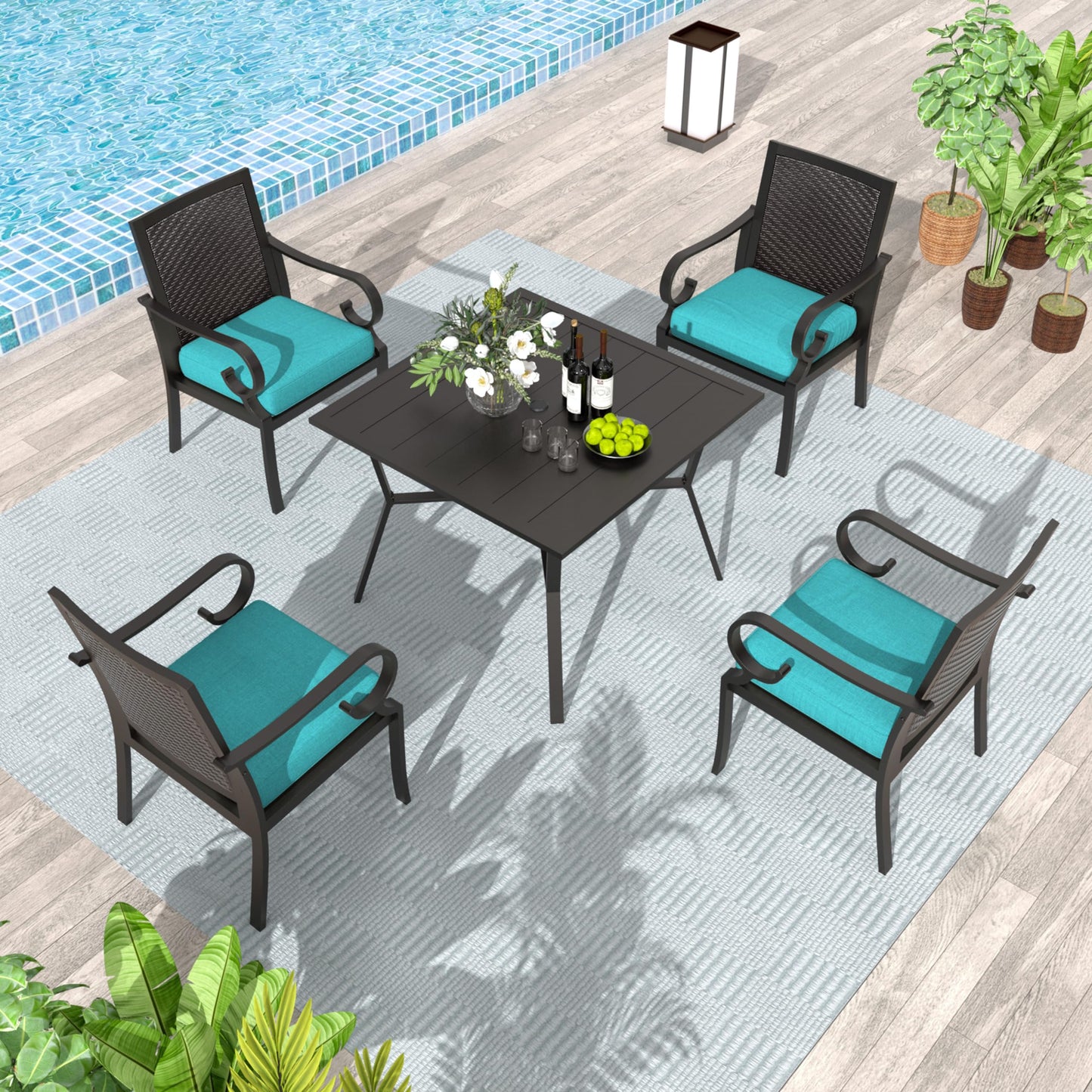 Ensemble de salle à manger de patio 15 pièces Meubles d'extérieur en rotin Ensemble de salle à manger avec 3 plateaux de table carrés en verre 12 chaises avec coussins bleu marine pour patio, arrière-cour, cuisine extérieure, pelouse et jardin 