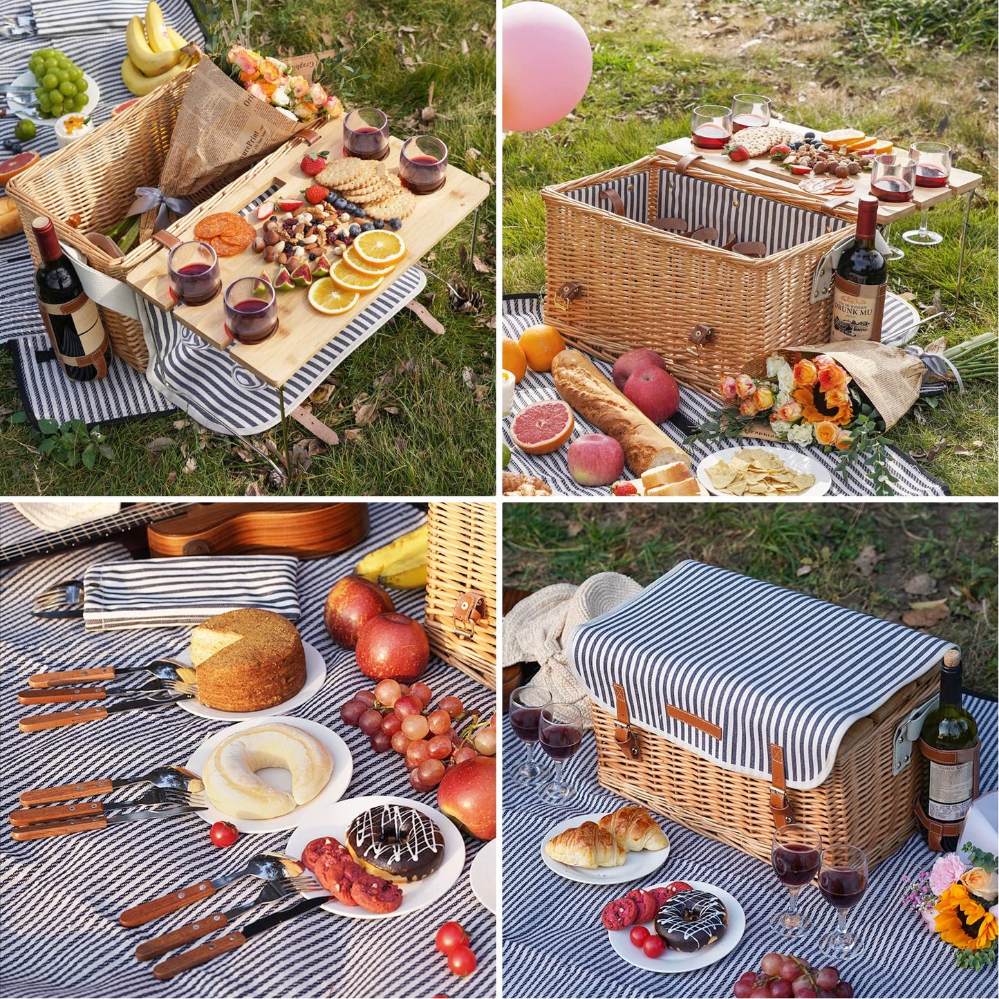 Wicker Picnic Basket for 4, 4 Person Picnic Kit, Willow Hamper Service Gift Set with Blanket Portable Bamboo Wine Snack Table for Camping and Outdoor Party