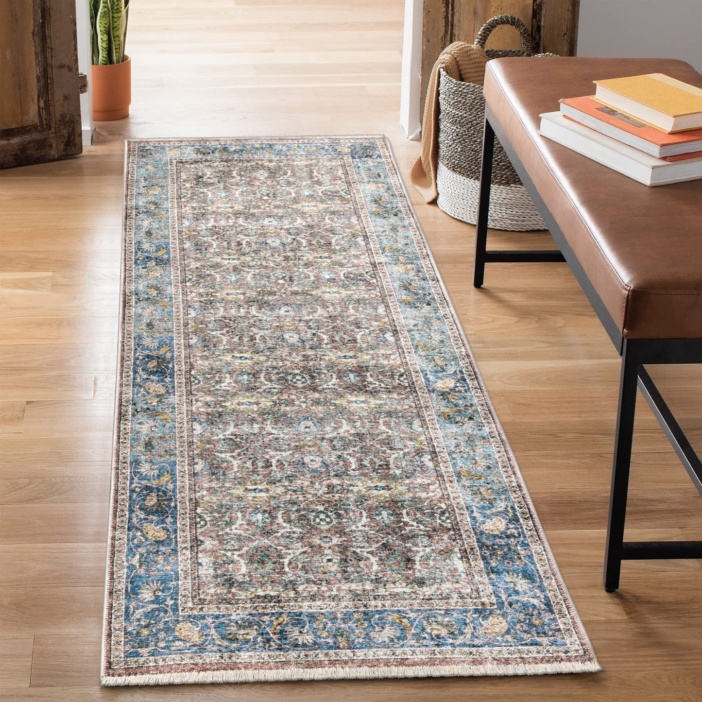 Bloom Rugs Caria, waschbarer, rutschfester Teppich, 4 x 6 Zoll, blauer traditioneller Teppich für Wohnzimmer, Schlafzimmer, Esszimmer und Küche, genaue Größe: 4 x 6 Fuß 