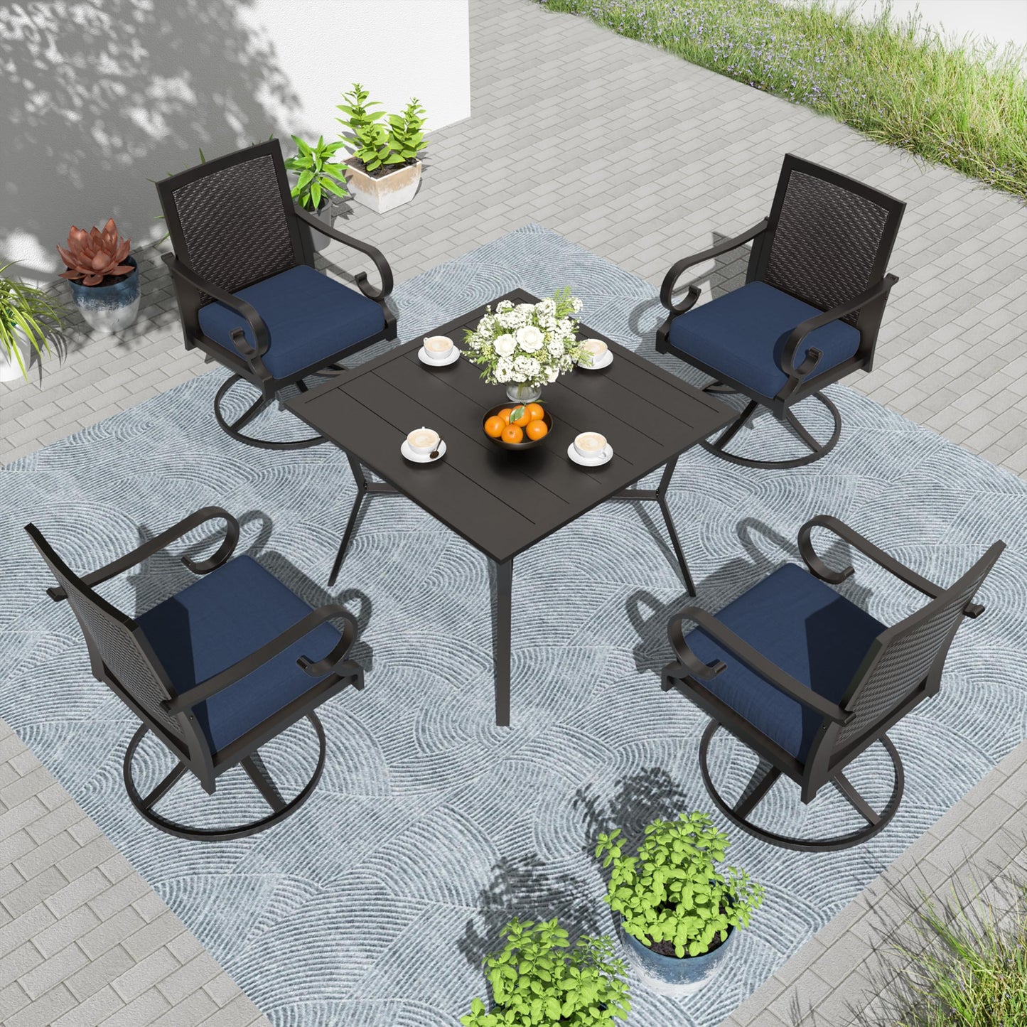 Ensemble de salle à manger de patio 15 pièces Meubles d'extérieur en rotin Ensemble de salle à manger avec 3 plateaux de table carrés en verre 12 chaises avec coussins bleu marine pour patio, arrière-cour, cuisine extérieure, pelouse et jardin 