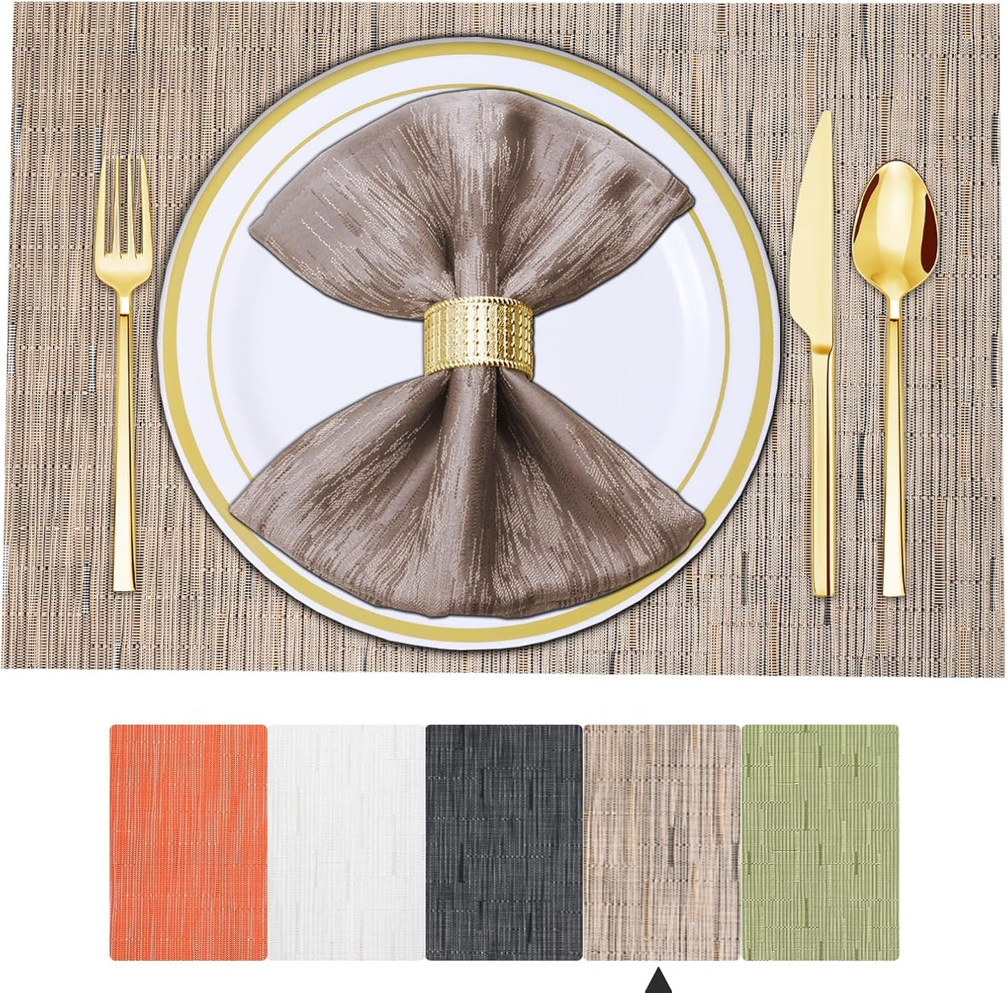 Lot de 6 sets de table en vinyle tissé pour table à manger, lavables et lavables, sets de table de cuisine durables pour intérieur et extérieur, 01 beige, 6 pièces 