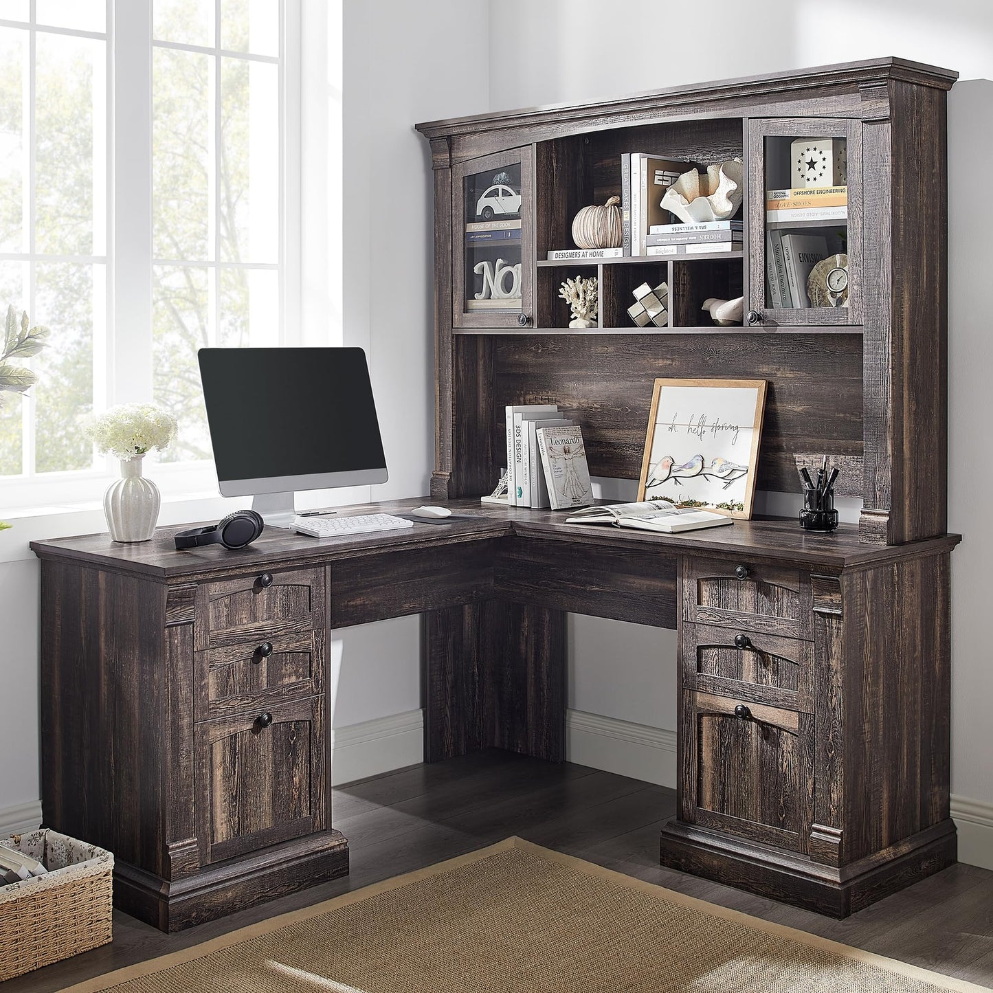 OKD 60" Executive Desk with Drawers, Farmhouse Home Office Desk with Charging Station, Keyboard Tray, File Cabinet Storage, Wood Computer Desk for Work and Study, Antique White