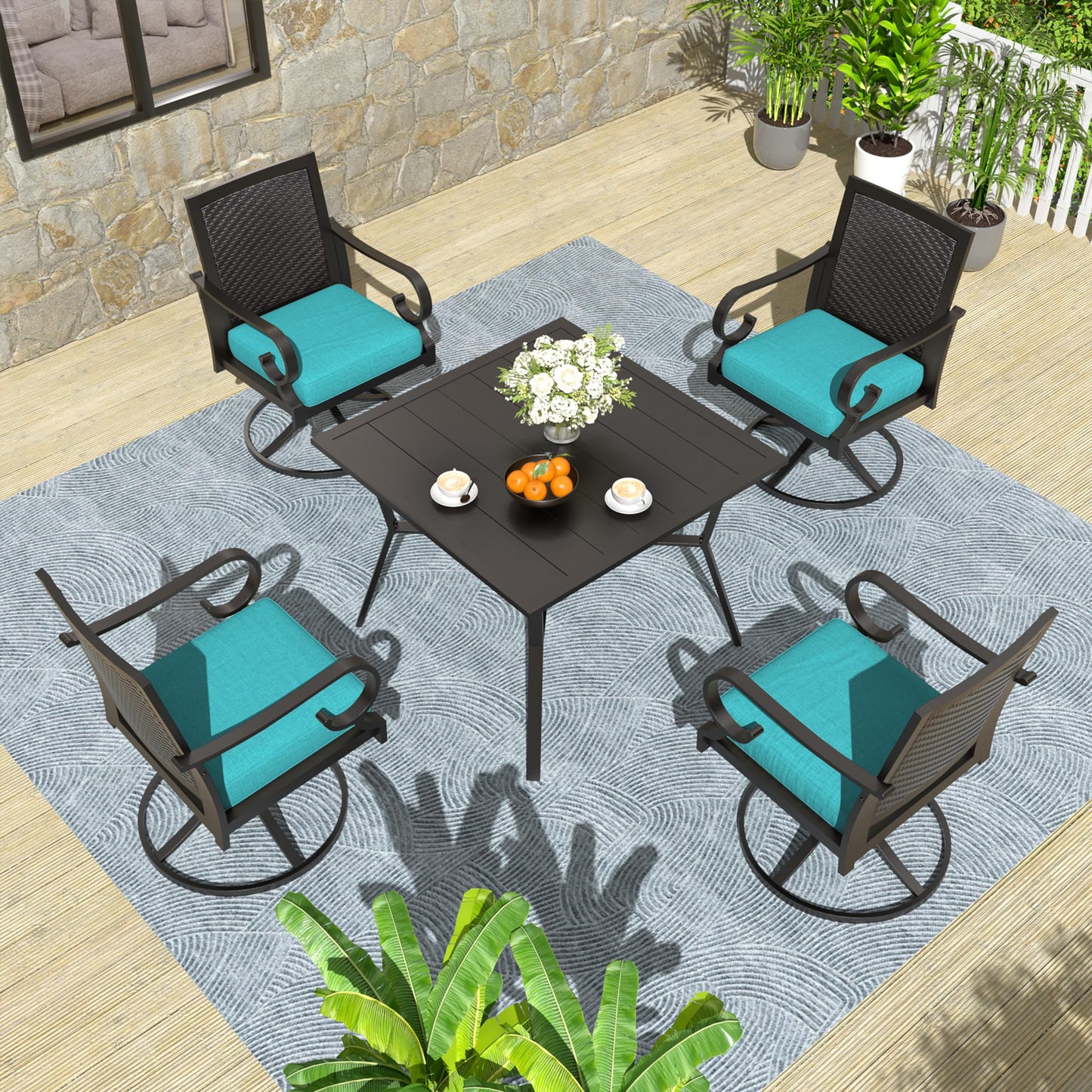 15 Pieces Patio Dining Set Outdoor Rattan Furniture Dinning Set with 3 Square Glass Tabletops 12 Chairs with Navy Blue Cushions for Patio, Backyard Outdoor Kitchen Lawn & Garden