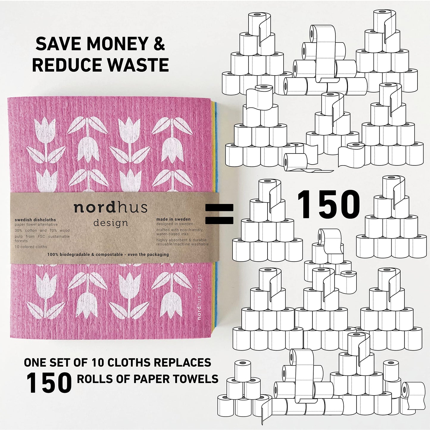 Nordhus Design Swedish Dishcloths for Kitchen, 10 Cloths, Made in Sweden - Reusable, Washable Cellulose Cotton Kitchen Cloths - Replace Paper Towels, Wipes, Sponges, Dish Rags