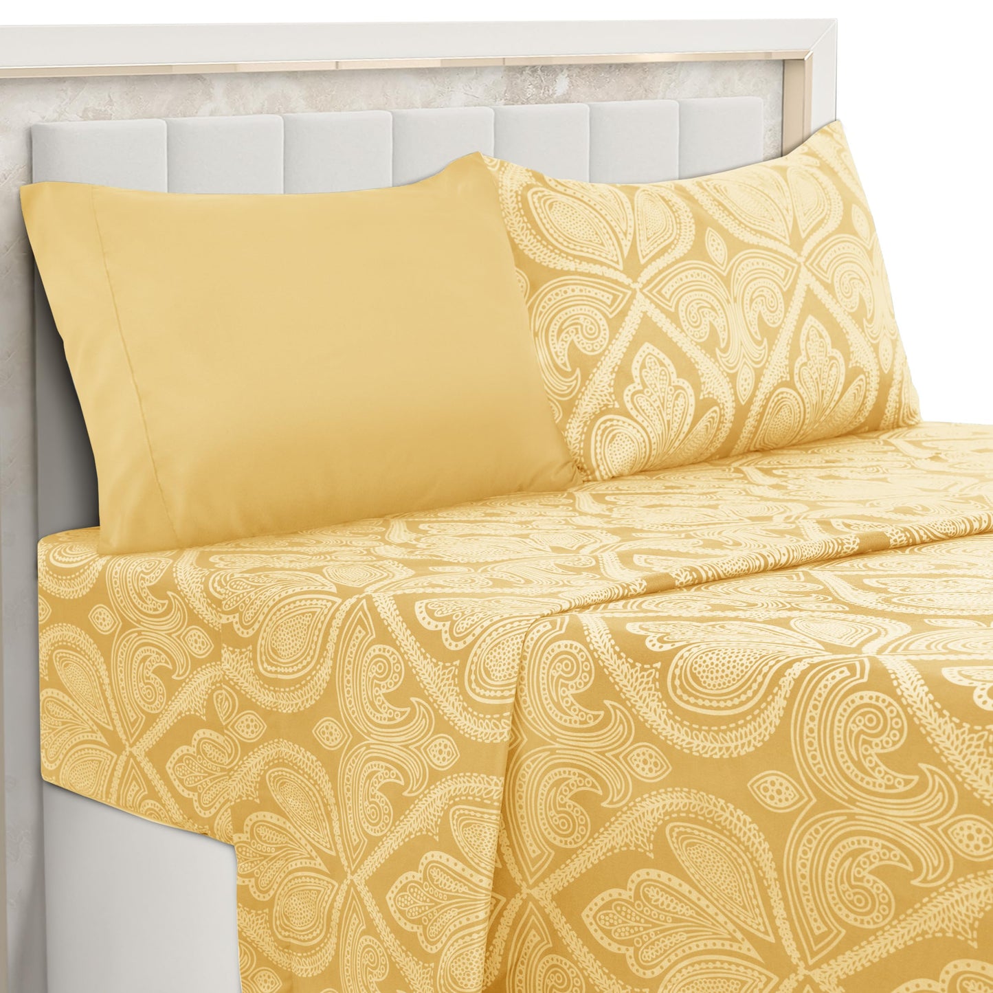 Parure de lit LUX Decor Paisley King, 6 pièces, draps doux en microfibre infroissables – Draps de lit imprimés luxueux comprenant un drap plat, un drap-housse avec poches profondes et 4 taies d'oreiller – Taupe 