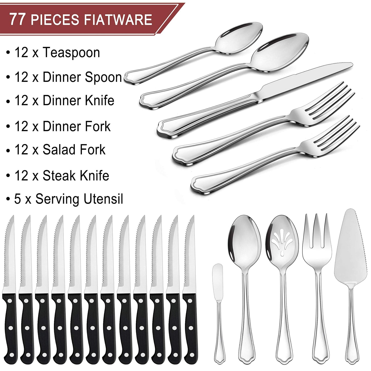 LIANYU Ménagère 41 pièces pour 6 personnes, plus couteaux à steak et ustensiles de service, ensemble de couverts en acier inoxydable, ustensiles de table avec bord festonné, lavable au lave-vaisselle 